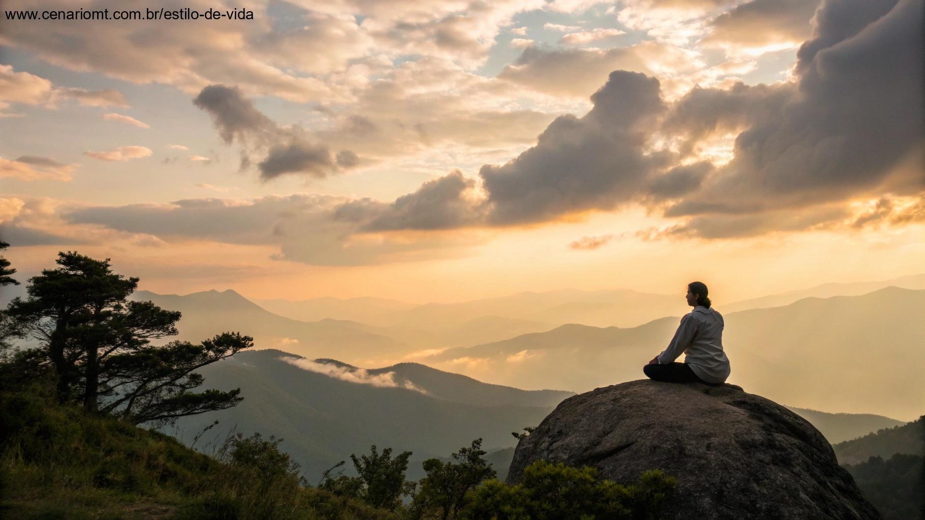 Vista da montanha ao pôr do sol com pessoa meditando sobre uma rocha