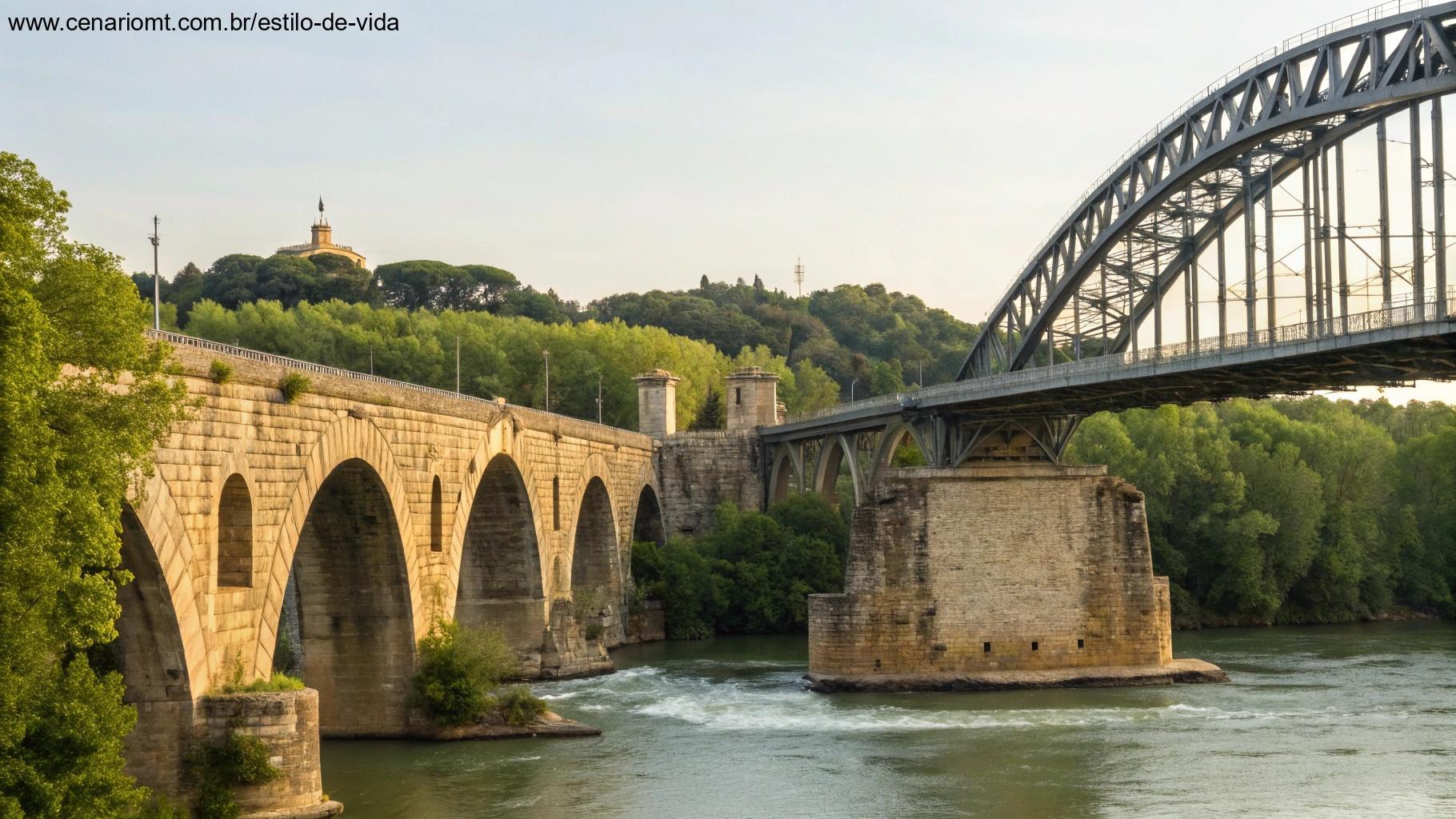 Duas pontes - uma de pedra e uma moderna - cruzando um rio em ângulos diferentes, mostrando conexão através do tempo