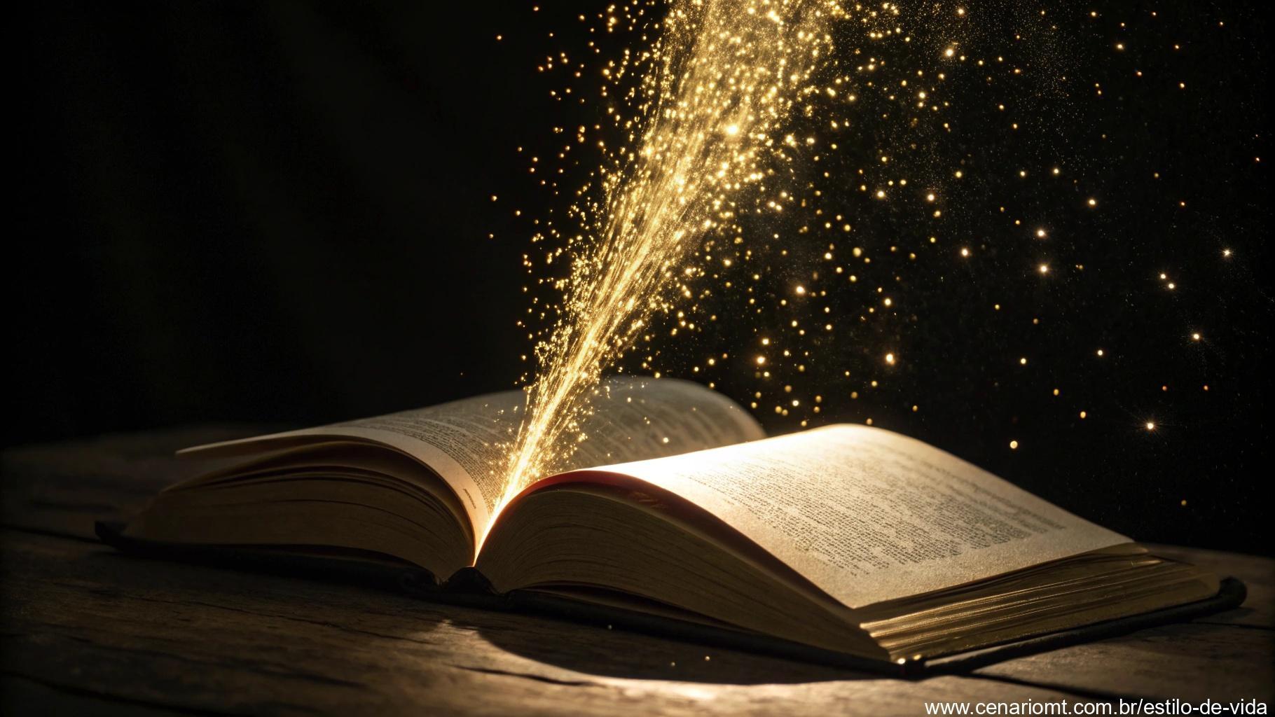 Representação abstrata de conexão divina com fios de luz dourada sobre livro aberto