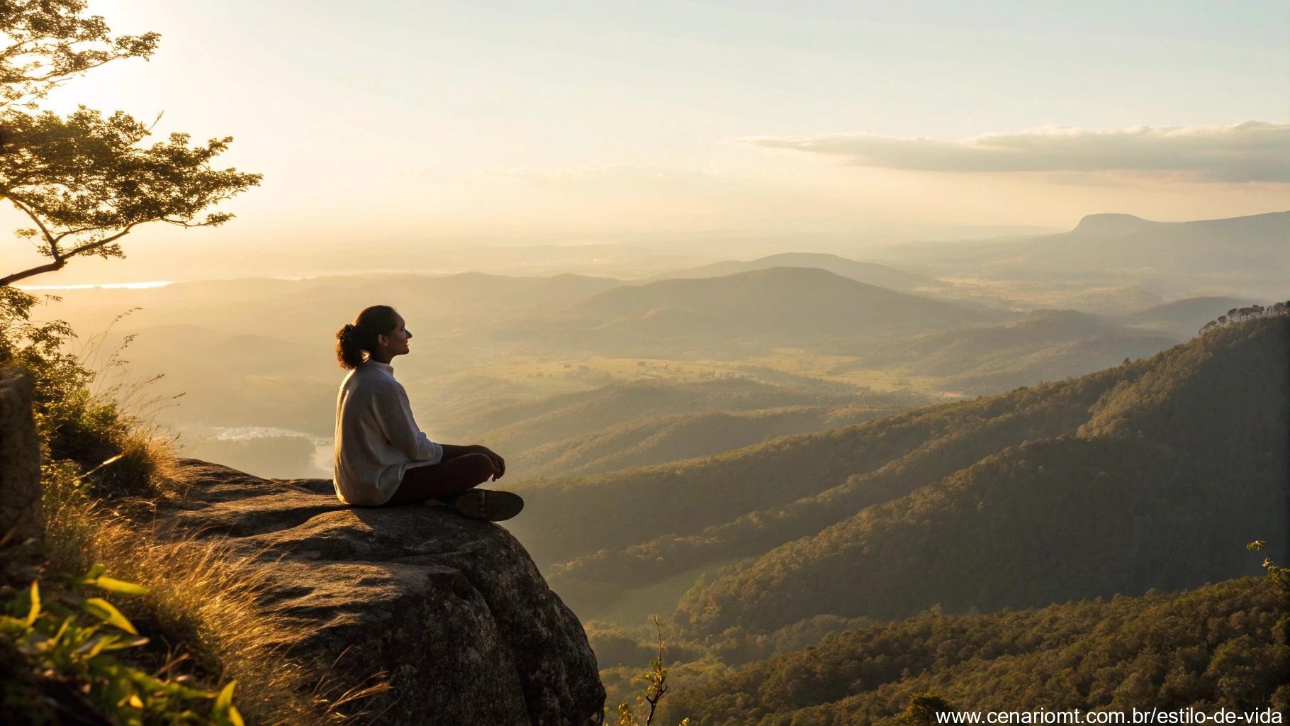 Pessoa sentada em meditação em um penhasco de montanha com vista para um vale vasto durante a hora dourada