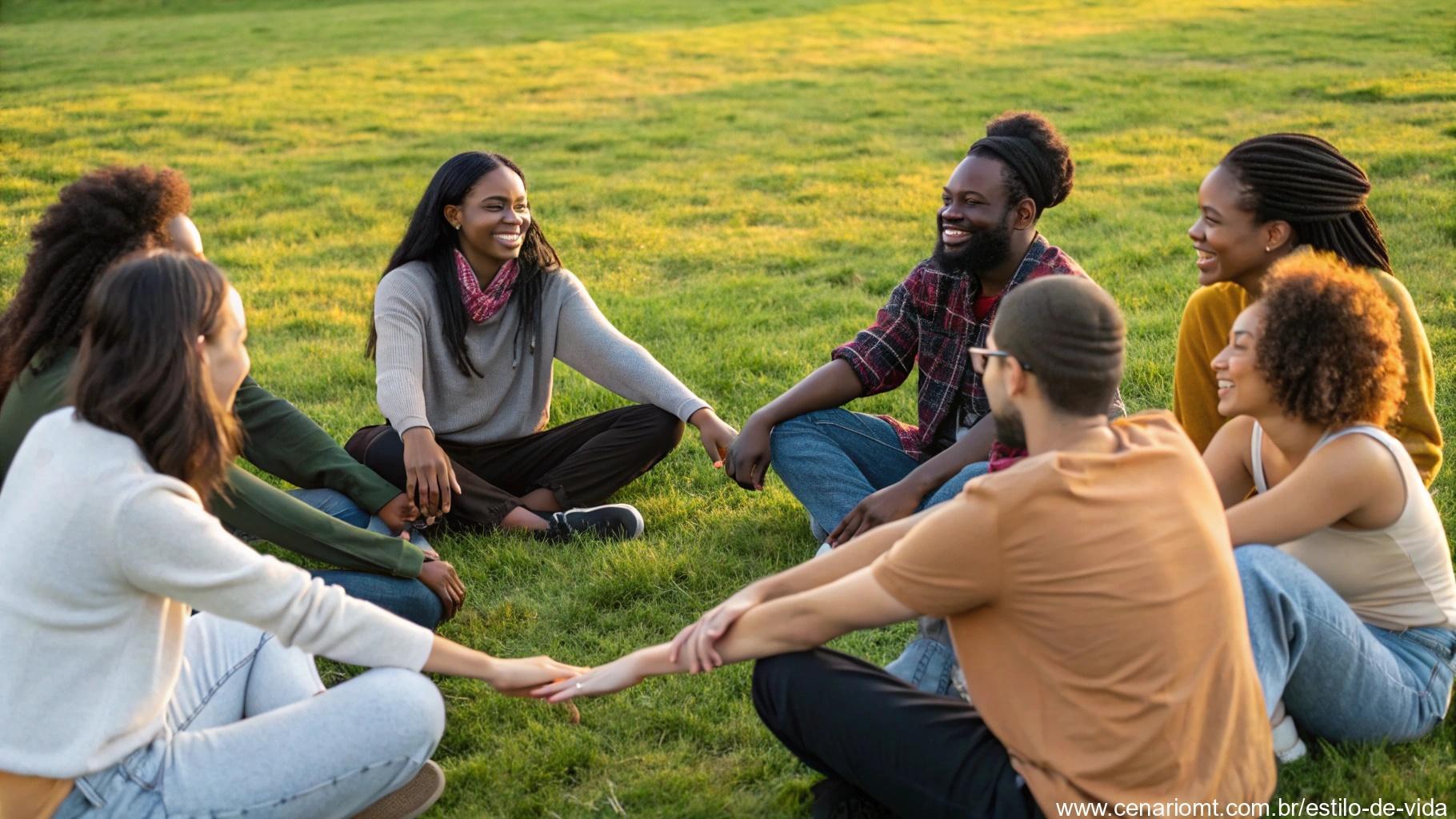Um grupo diverso de pessoas sentadas em círculo em um campo gramado, sorrindo e se conectando em harmonia