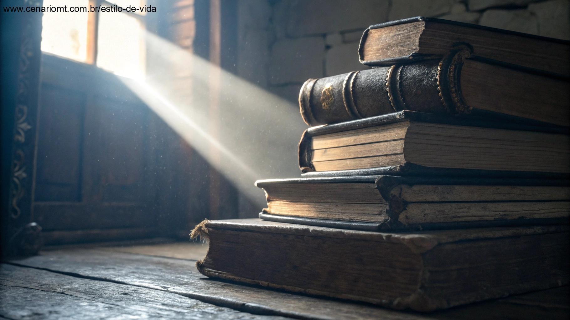Pilha de livros antigos com um feixe de luz entre eles