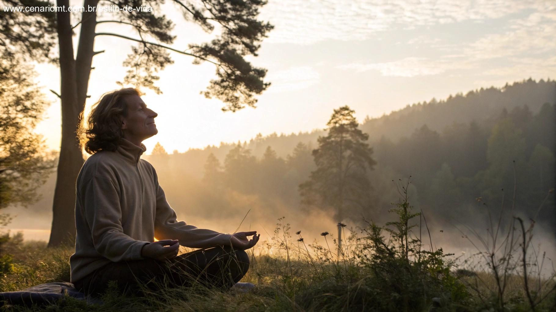 Pessoa meditando na natureza ao amanhecer