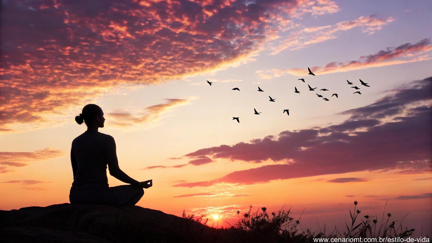 Silhueta de pessoa meditando contra um pôr do sol vibrante com pássaros voando em formação