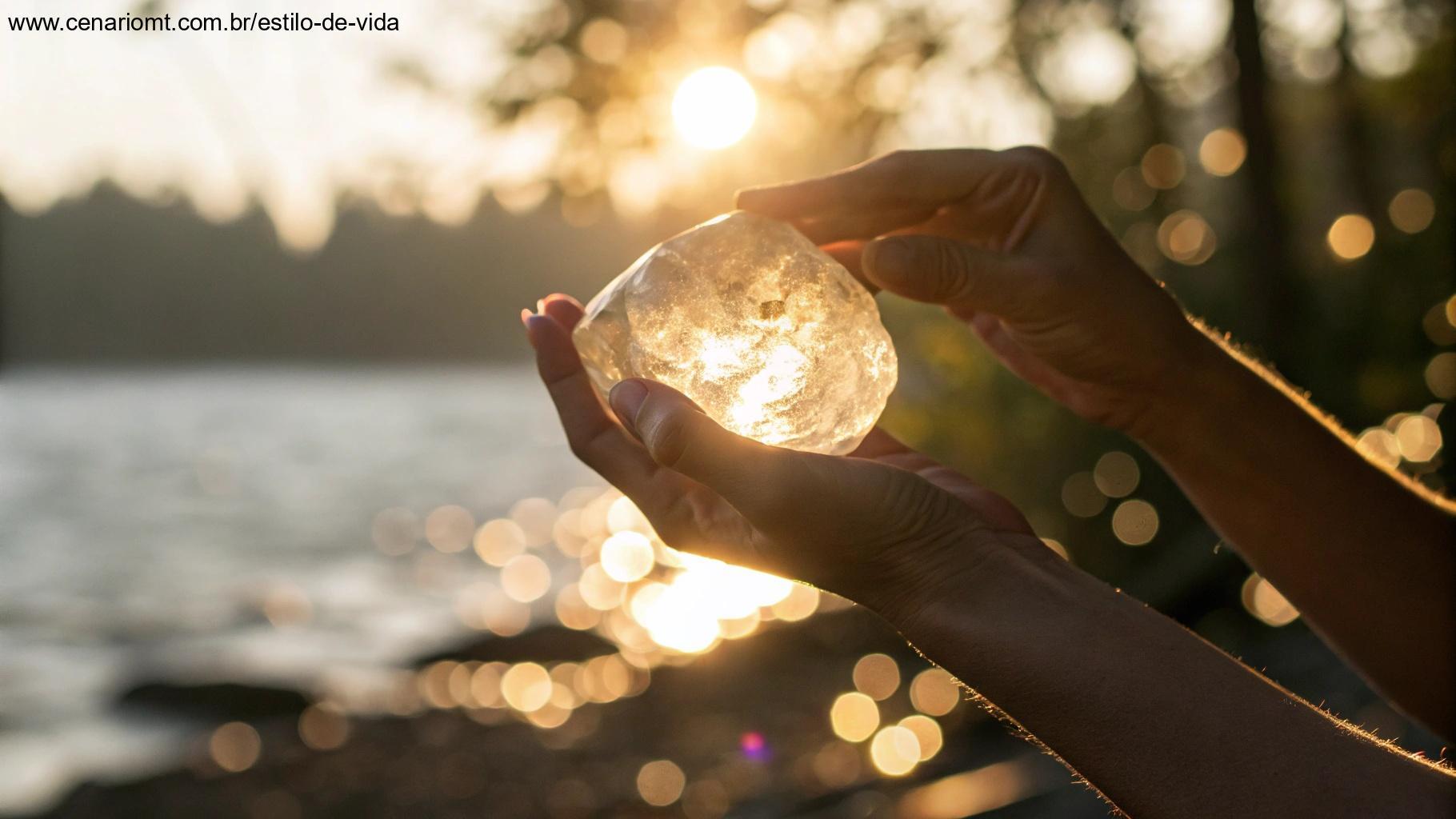 Mão segurando um cristal brilhante à luz do sol, com efeito bokeh ao fundo