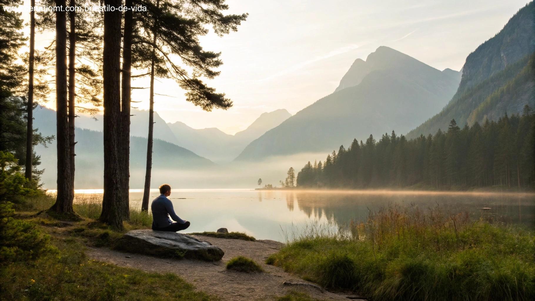 Pessoa meditando ao amanhecer em paisagem natural tranquila