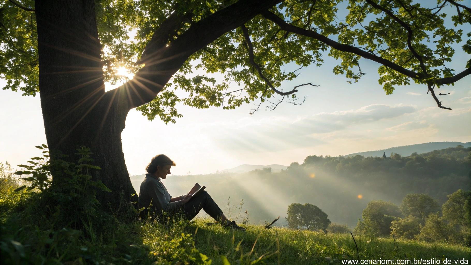 Pessoa lendo a Bíblia sob uma árvore em ambiente natural e calmo