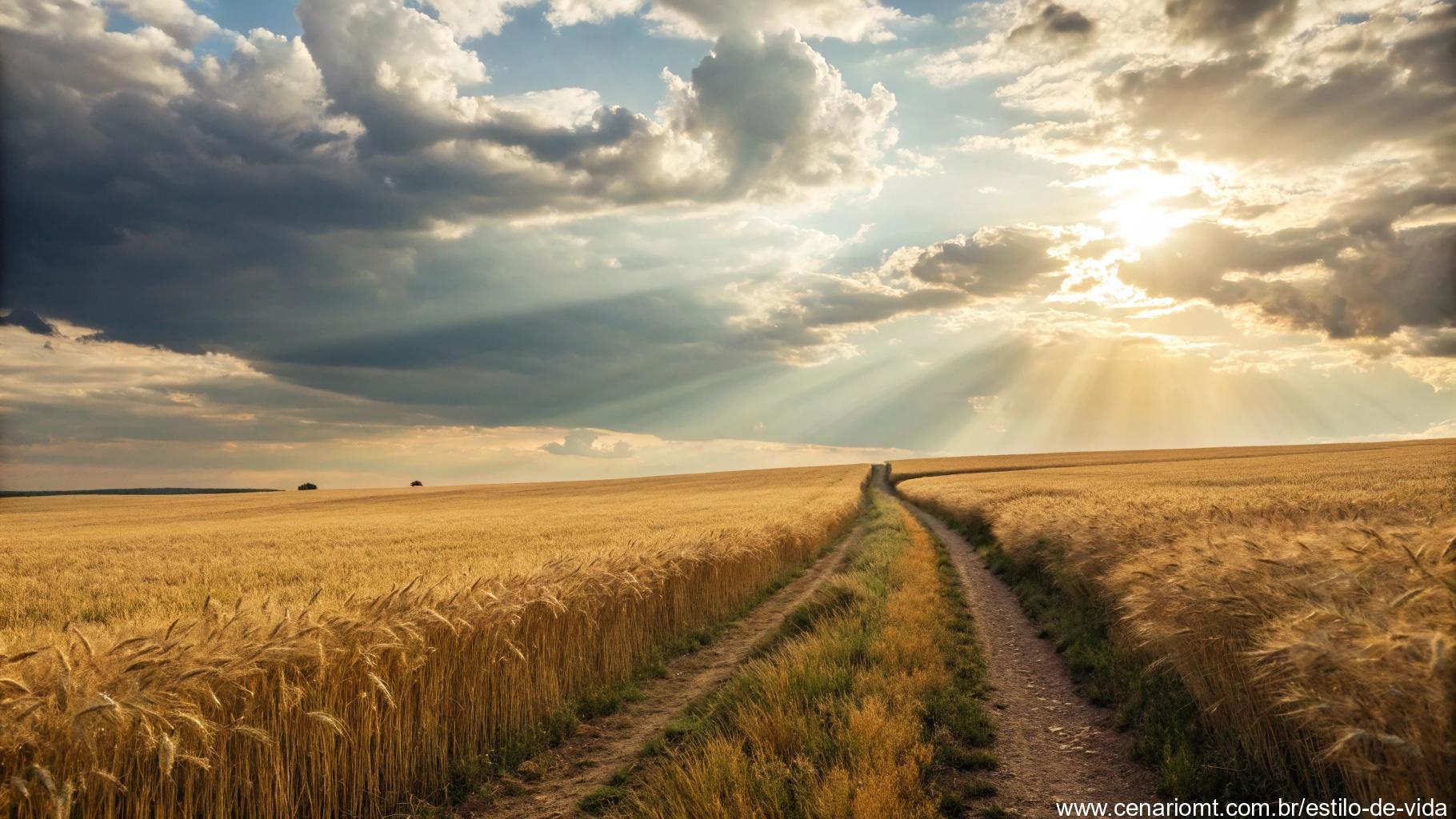 Composição simbólica com campos de trigo fundindo-se com o céu aberto