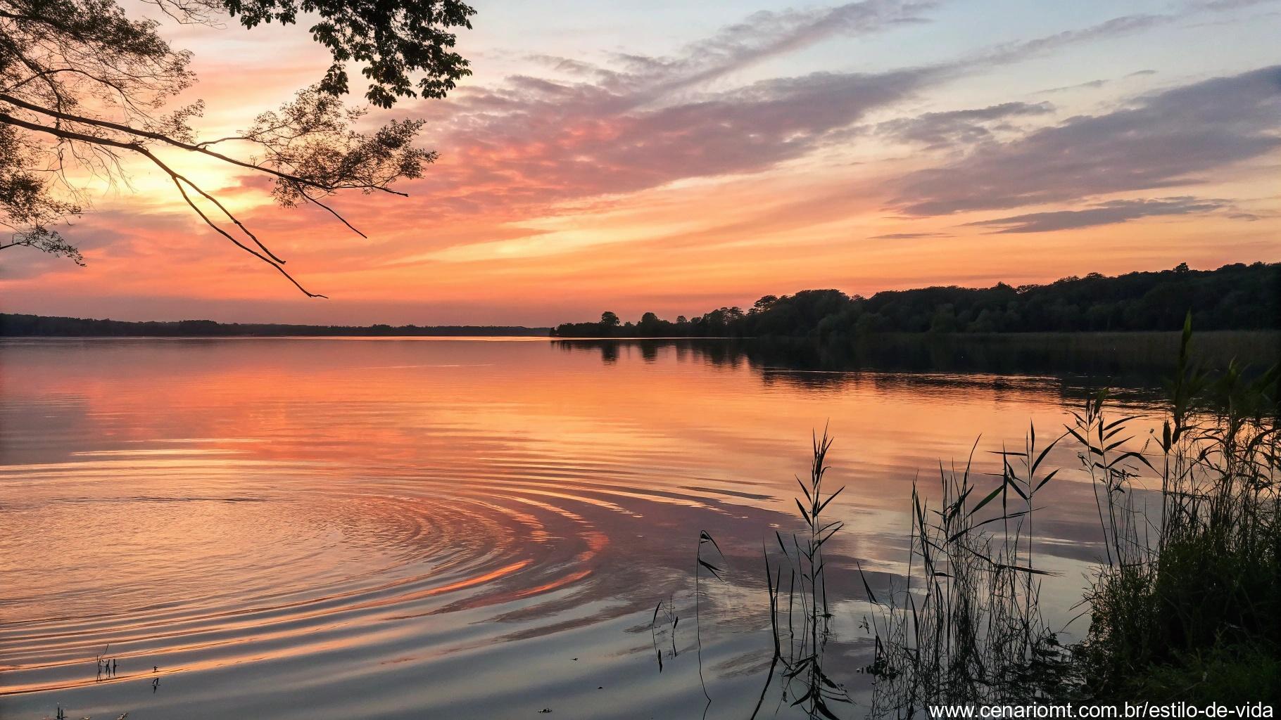 Imagem de um lago calmo ao pôr do sol com ondas suaves, representando a confiança diária em Deus.