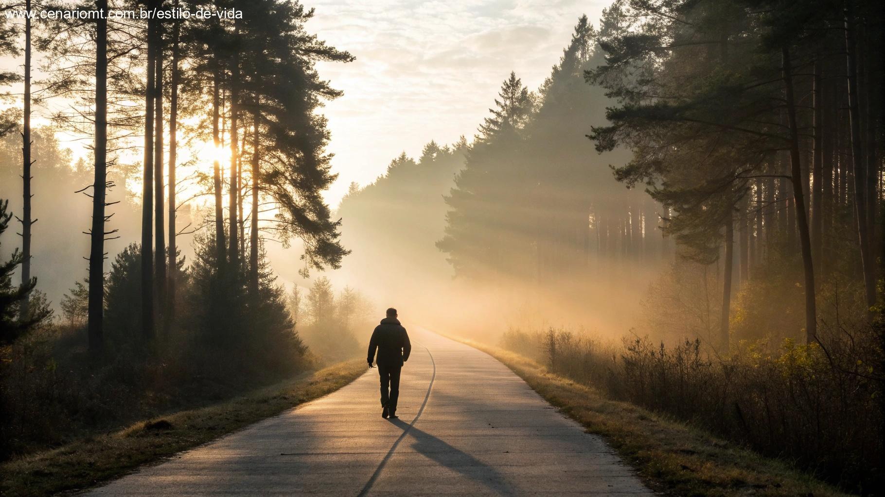 Viajante solitário caminhando por floresta ao amanhecer