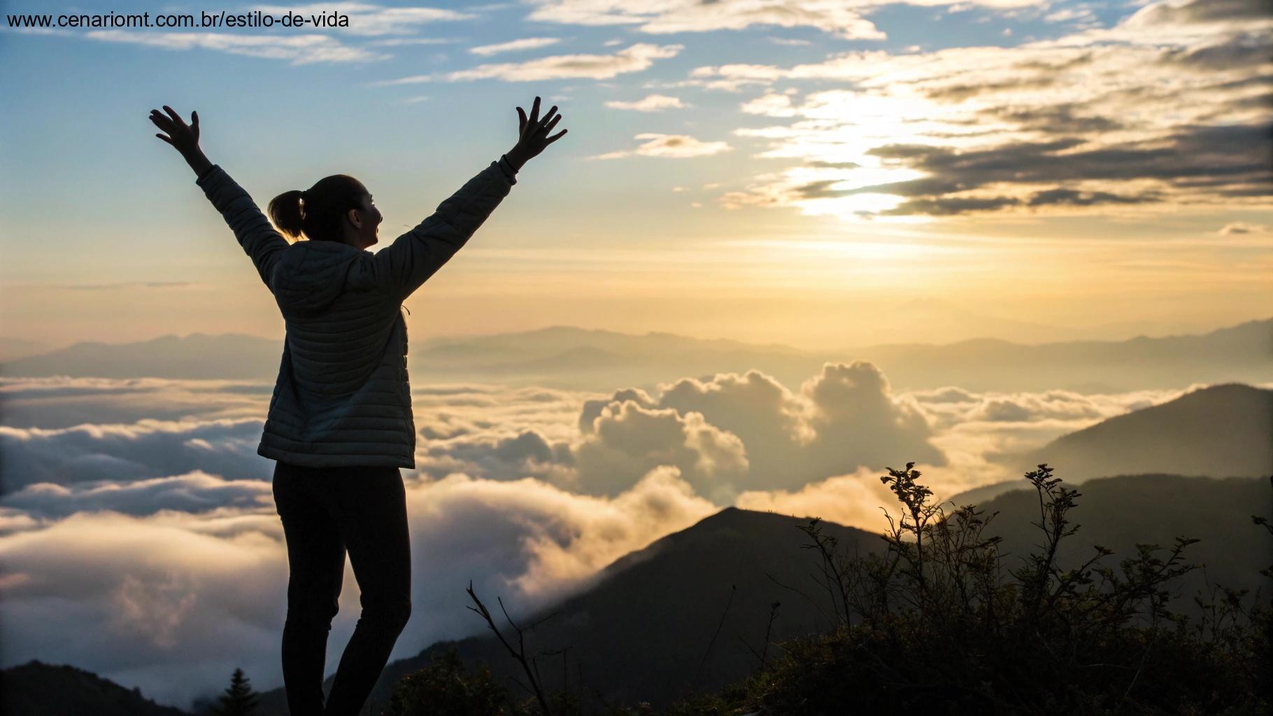 Pessoa no topo de uma montanha com mãos erguidas ao nascer do sol