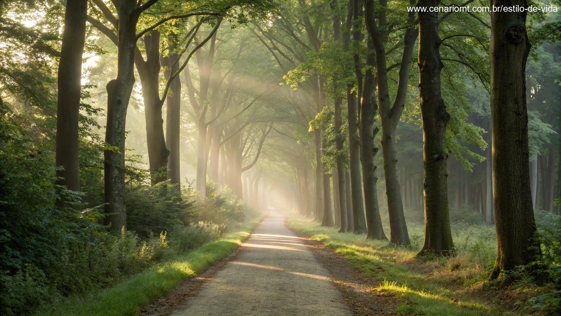 Trilha tranquila em floresta iluminada simbolizando confiança em Deus