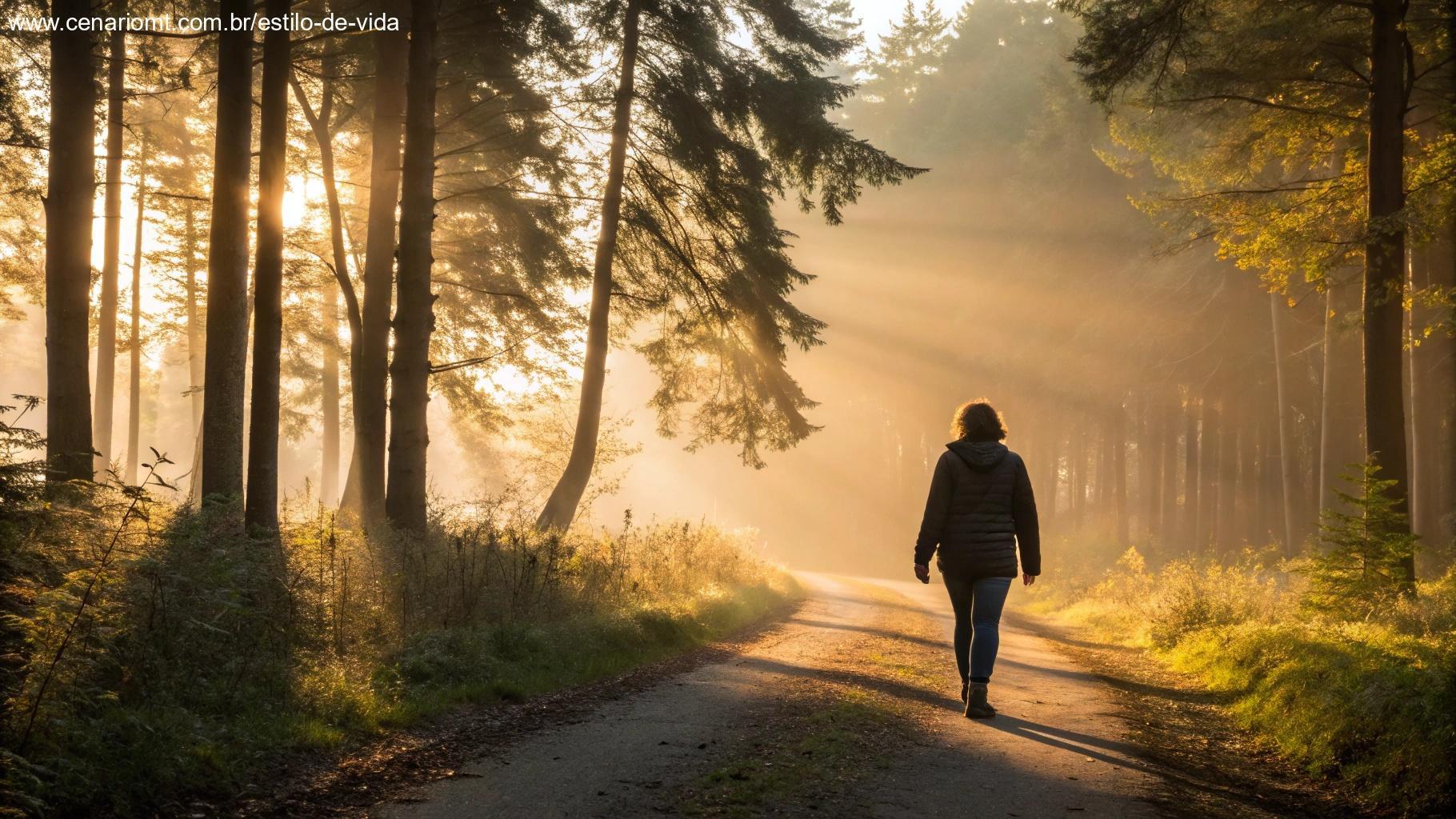 Pessoa caminhando por uma trilha na floresta ao nascer do sol