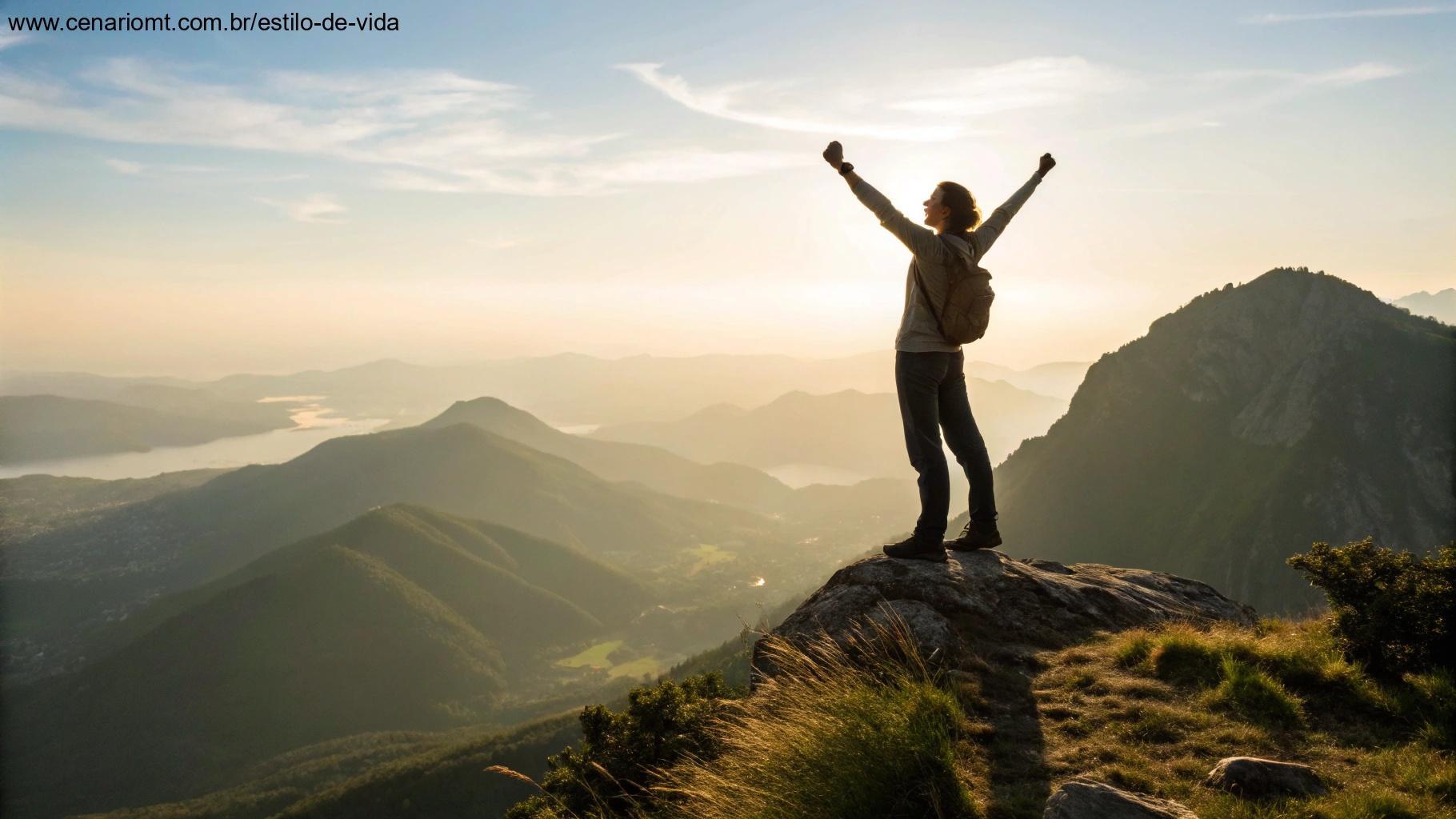 Pessoa no alto da montanha com confiança em Deus para terminar a semana