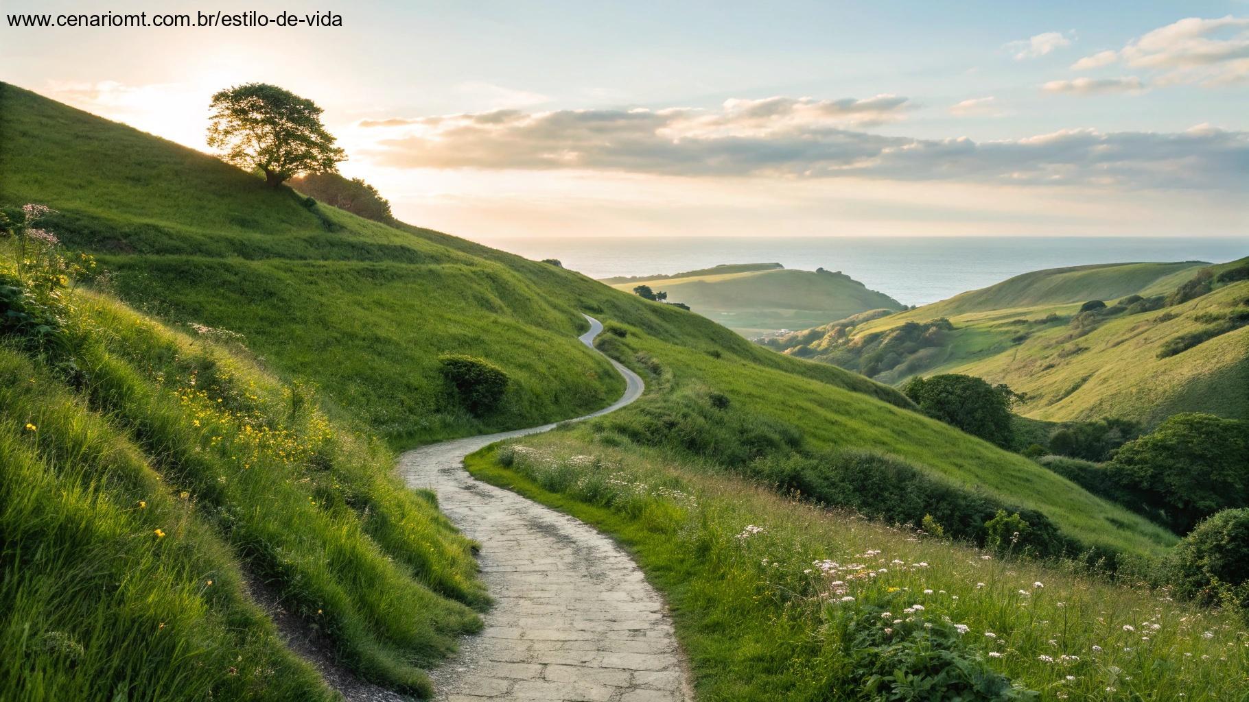 Caminho sinuoso através de colinas verdes levando a um horizonte brilhante