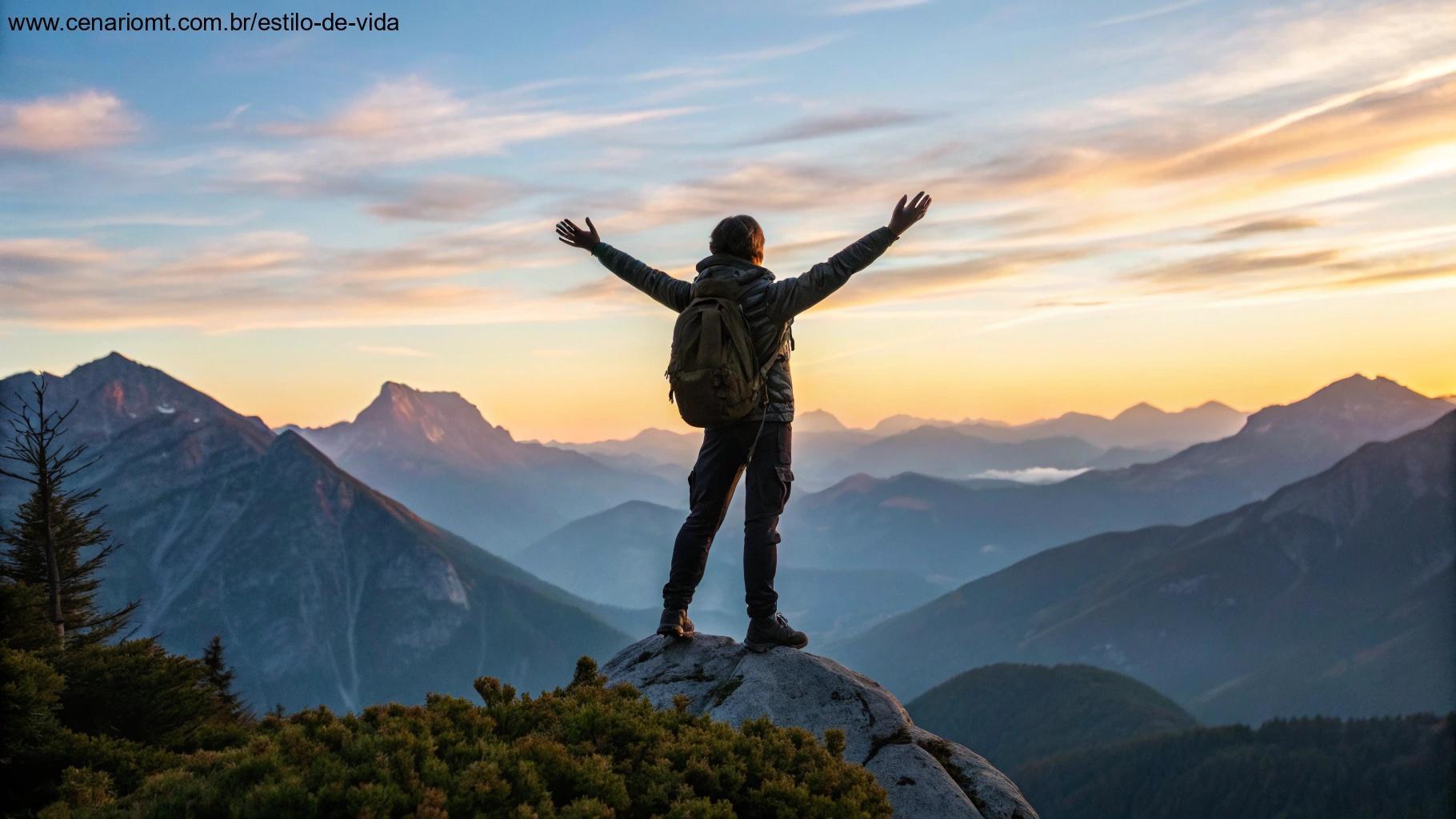 Pessoa no topo da montanha ao nascer do sol, expressando confiança para enfrentar desafios