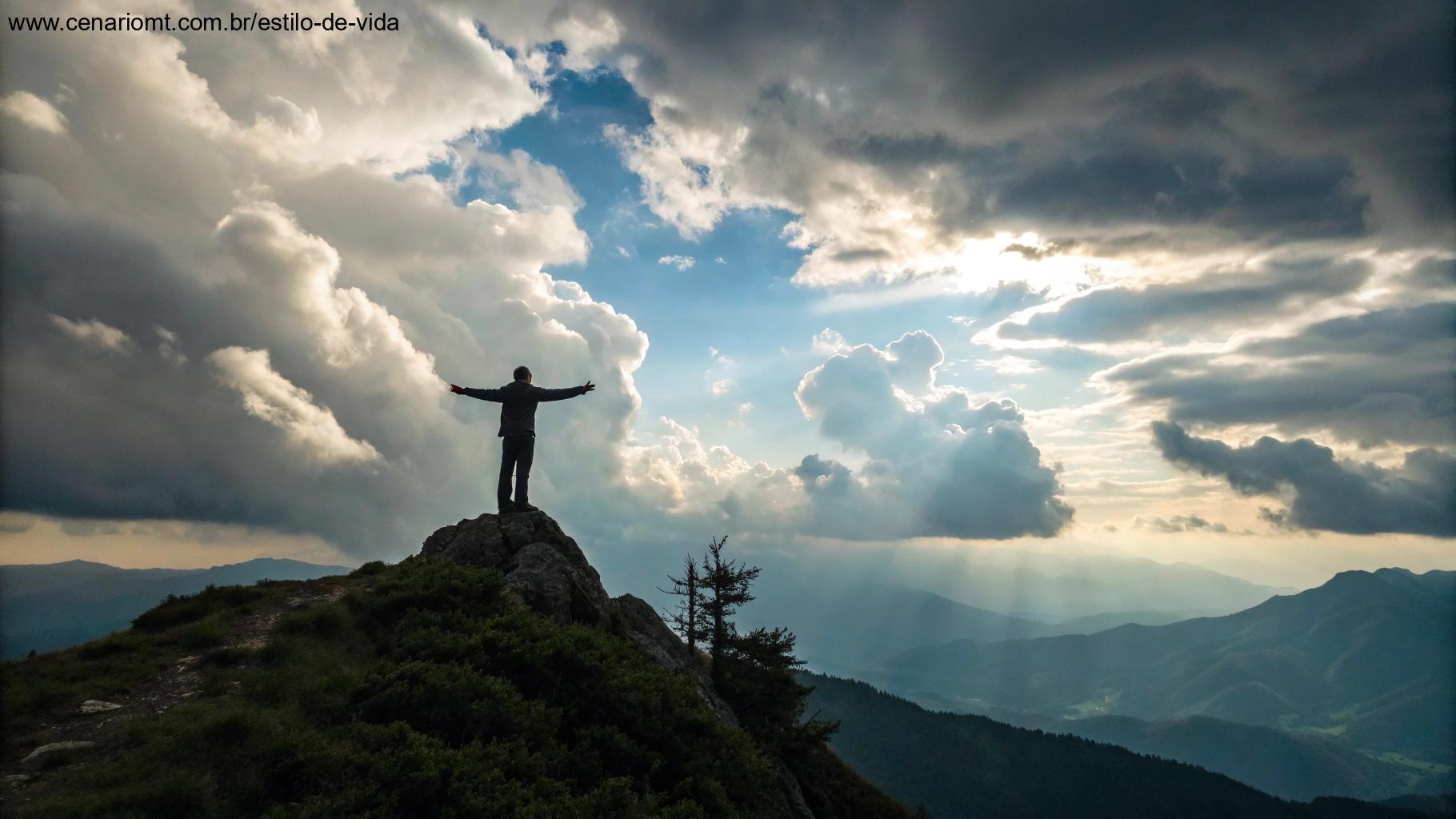Pessoa no topo de montanha contemplando o céu em confiança