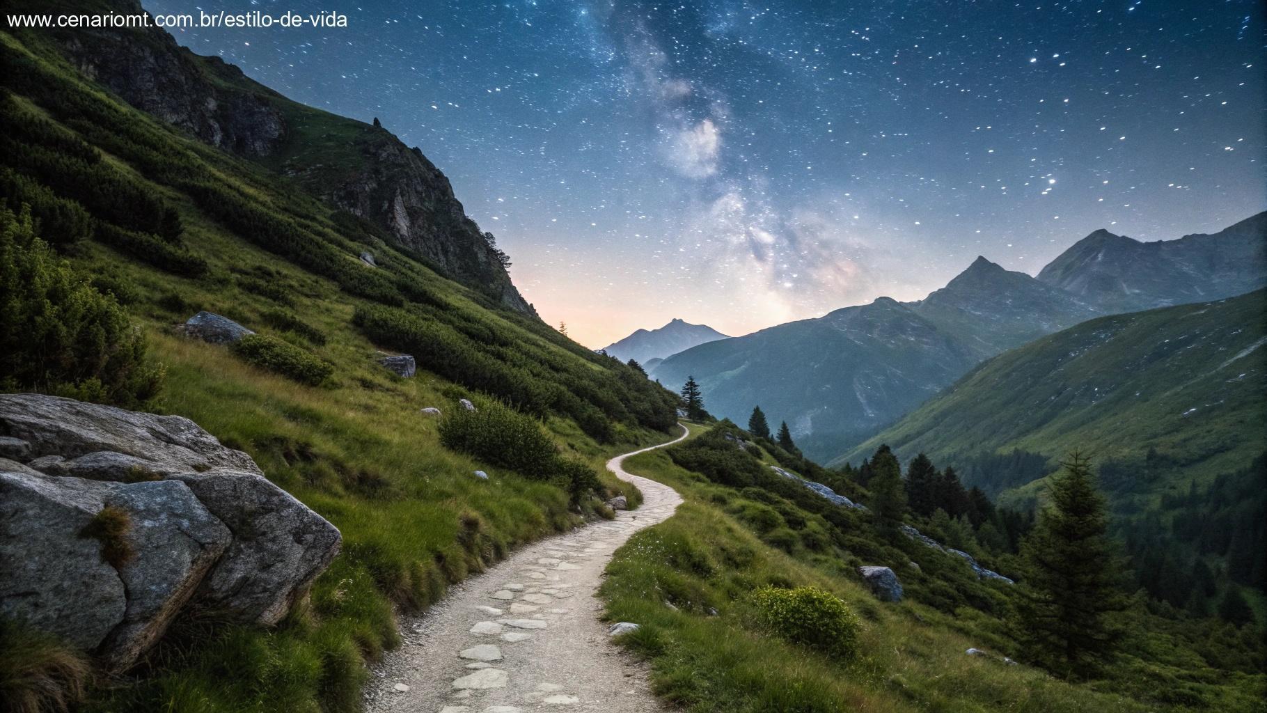 Trilha montanhosa sob céu estrelado representando constância espiritual