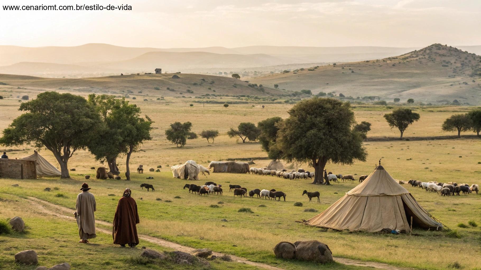 Paisagem do Oriente Médio antigo com pastores nômades e tendas rústicas