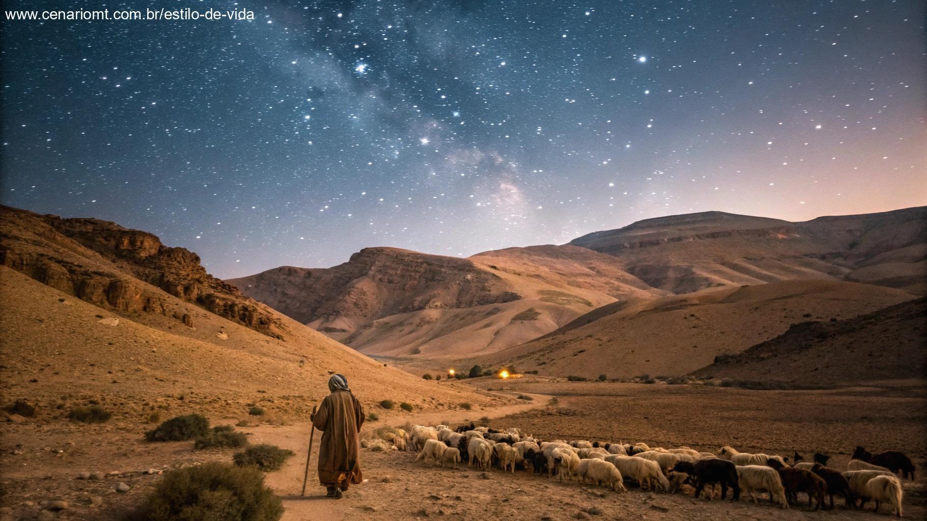 Paisagem do Oriente Médio antigo com pastores cuidando de rebanhos sob céu estrelado