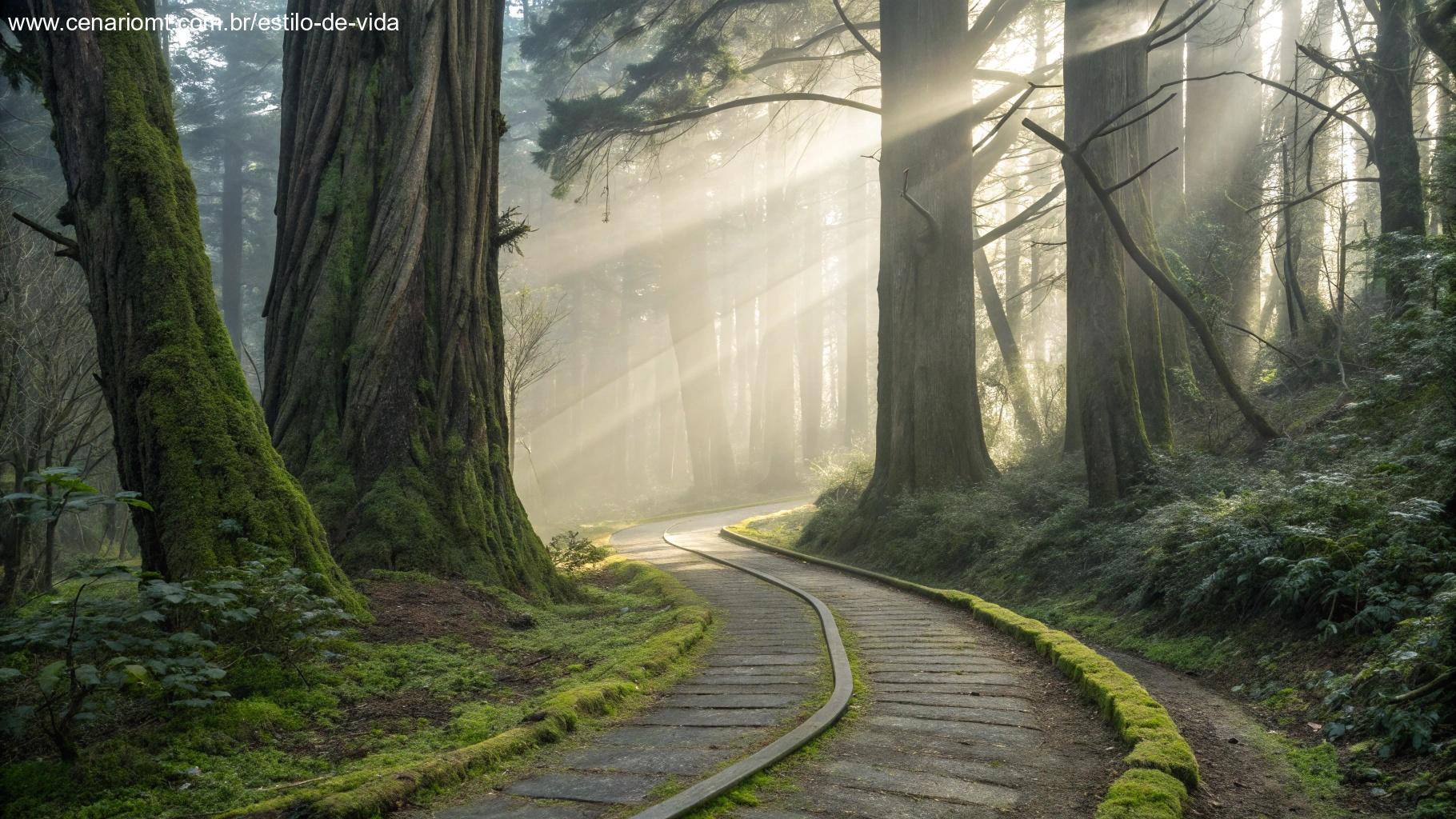 Caminho sinuoso por floresta outonal com montanhas ao fundo