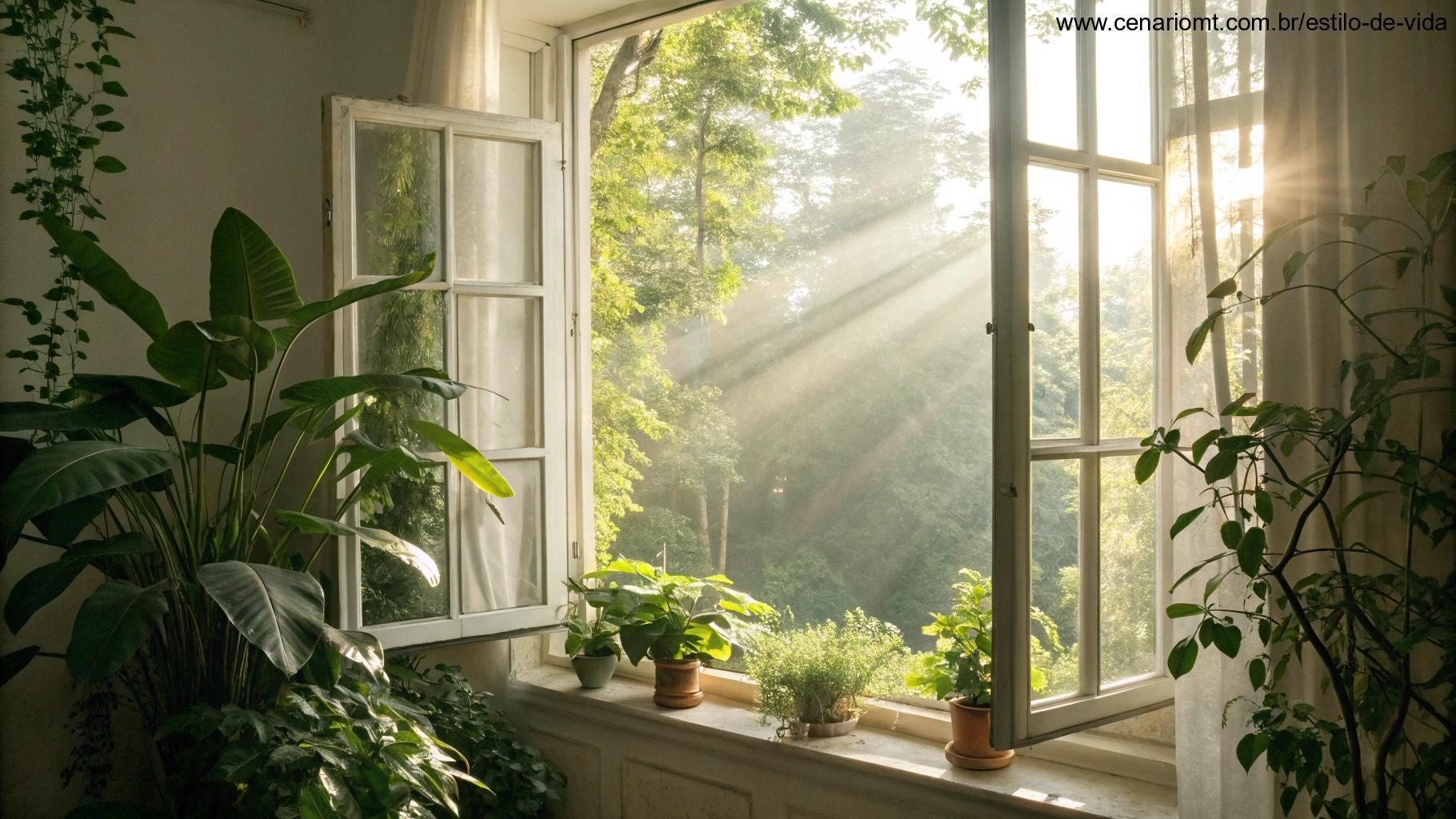 Luz solar entrando em quarto iluminado com plantas