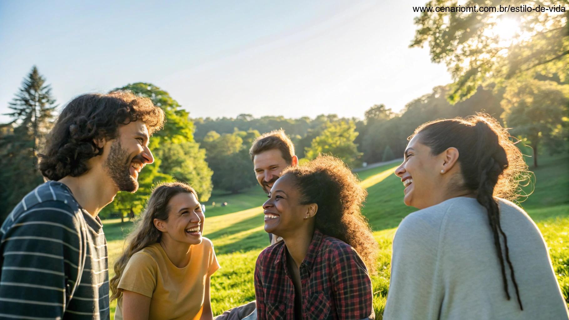 Grupo de pessoas sorrindo e aproveitando a companhia umas das outras em um parque ensolarado, irradiando positividade e alegria, simbolizando o ato de espalhar boas vibrações ao longo do dia.
