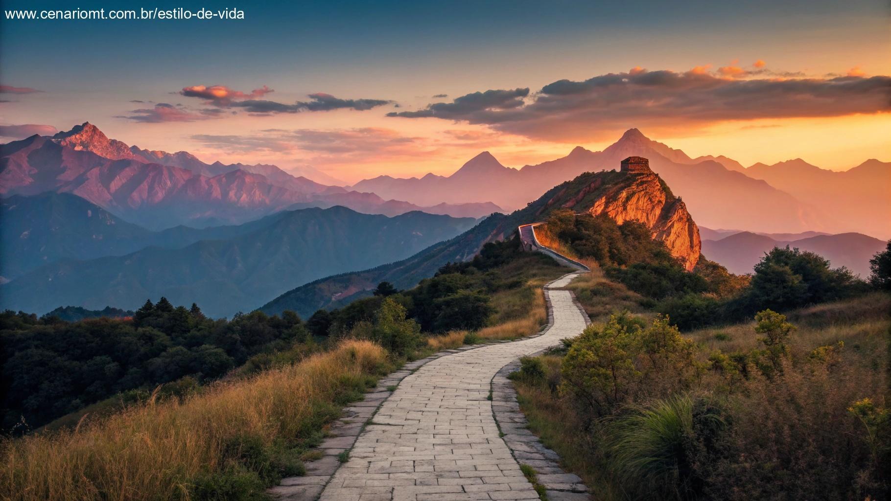 Paisagem ao amanhecer com caminho sinuoso entre montanhas