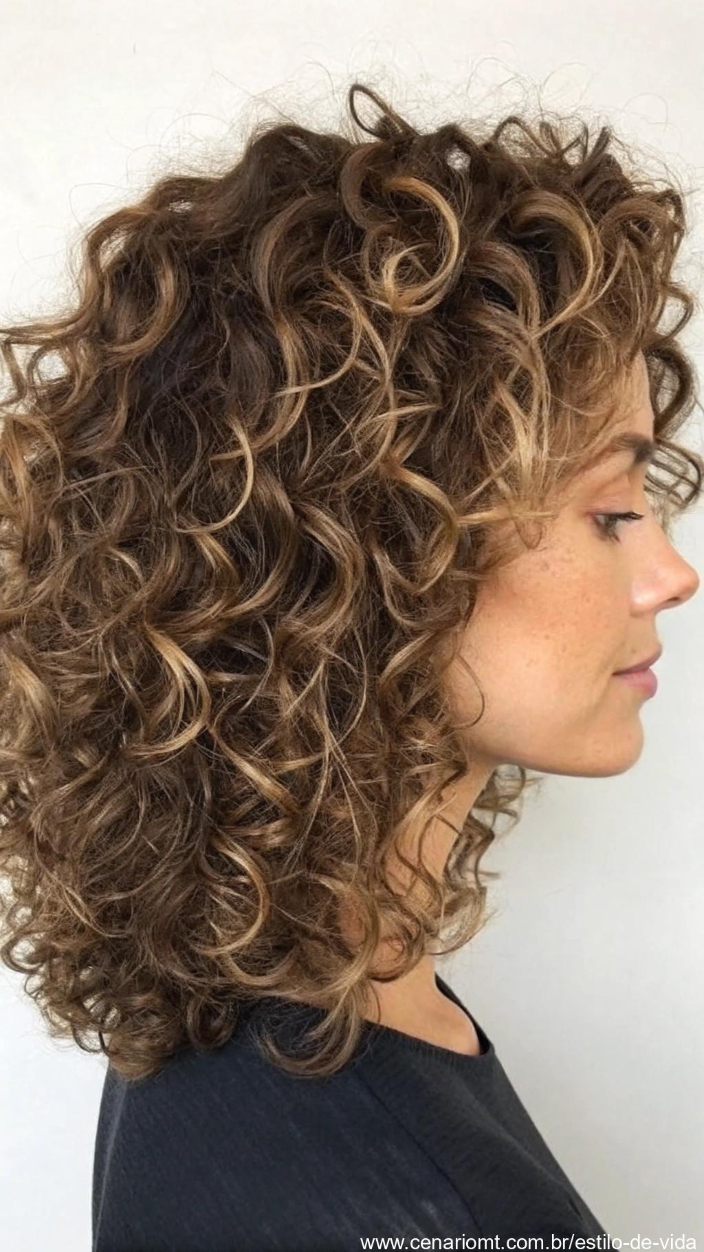 Corte em camadas arredondadas para cabelo cacheado