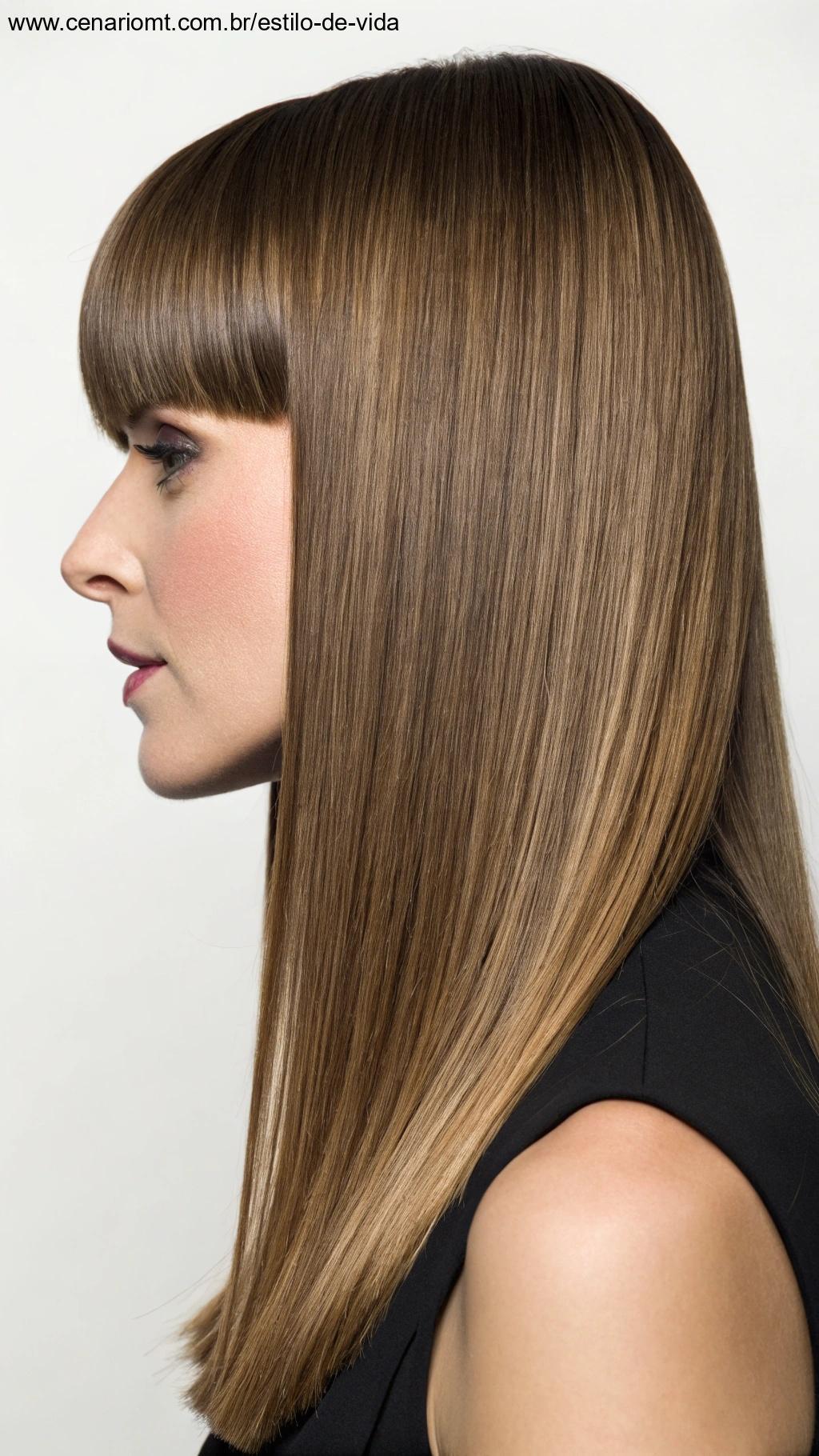 Corte reto com franja lateral longa em perfil feminino
