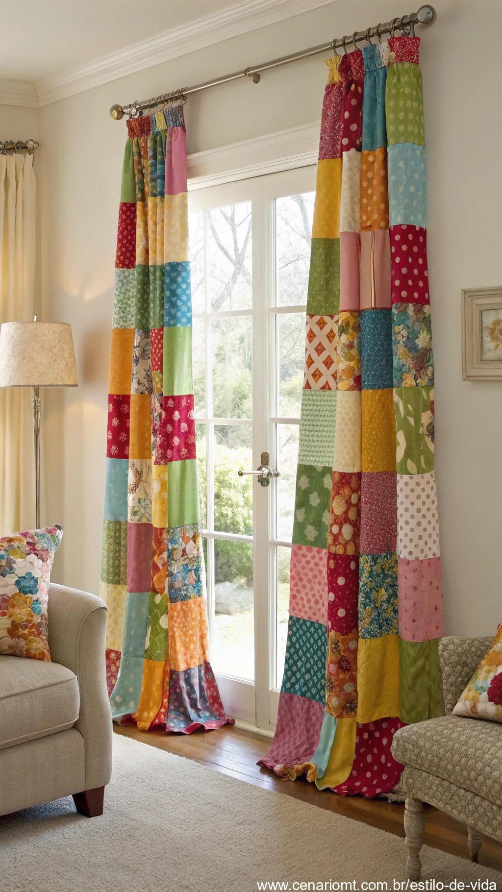 Cortinas com retalhos coloridos costurados