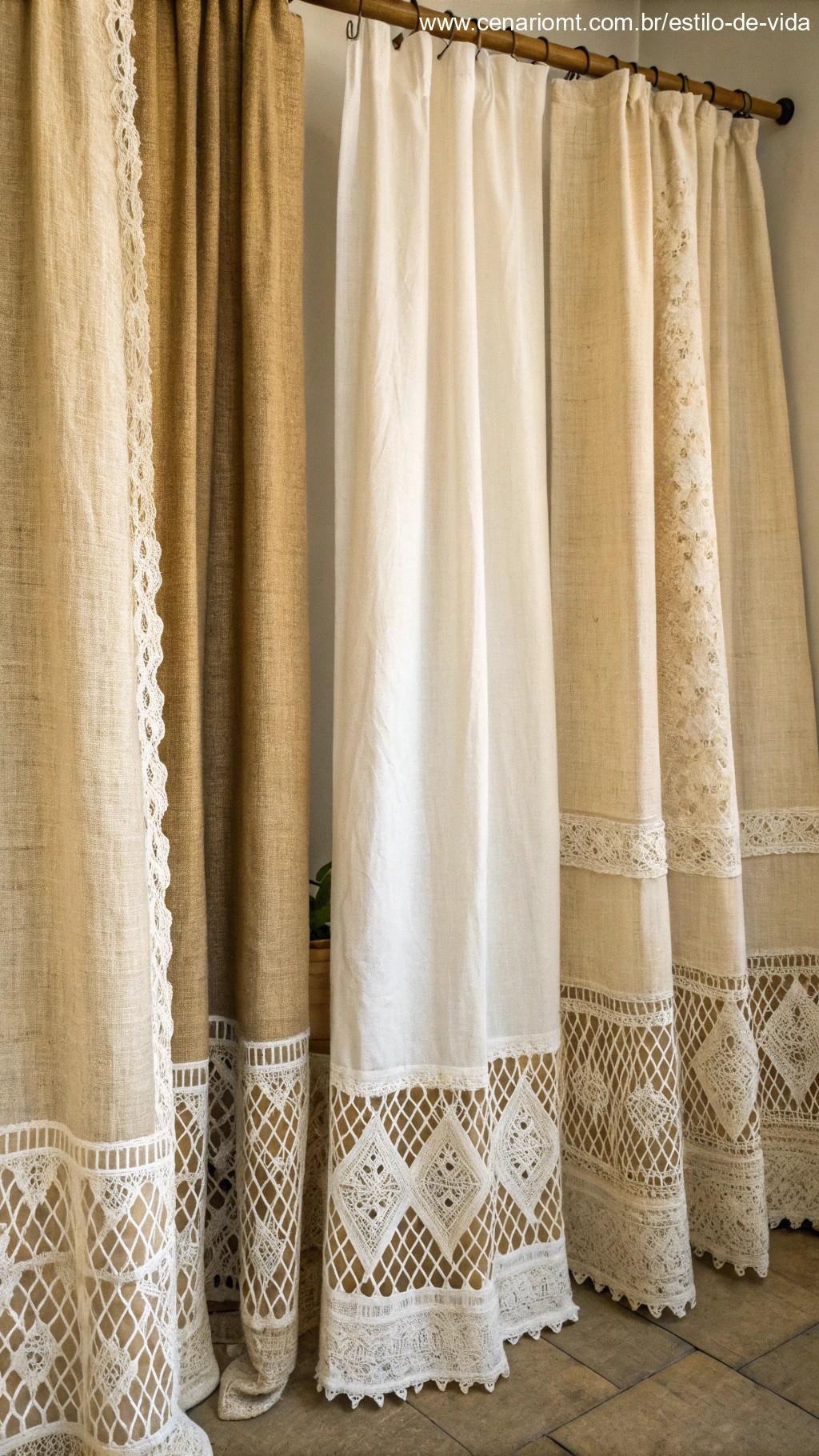 Cortinas de tecidos combinados com renda e algodão