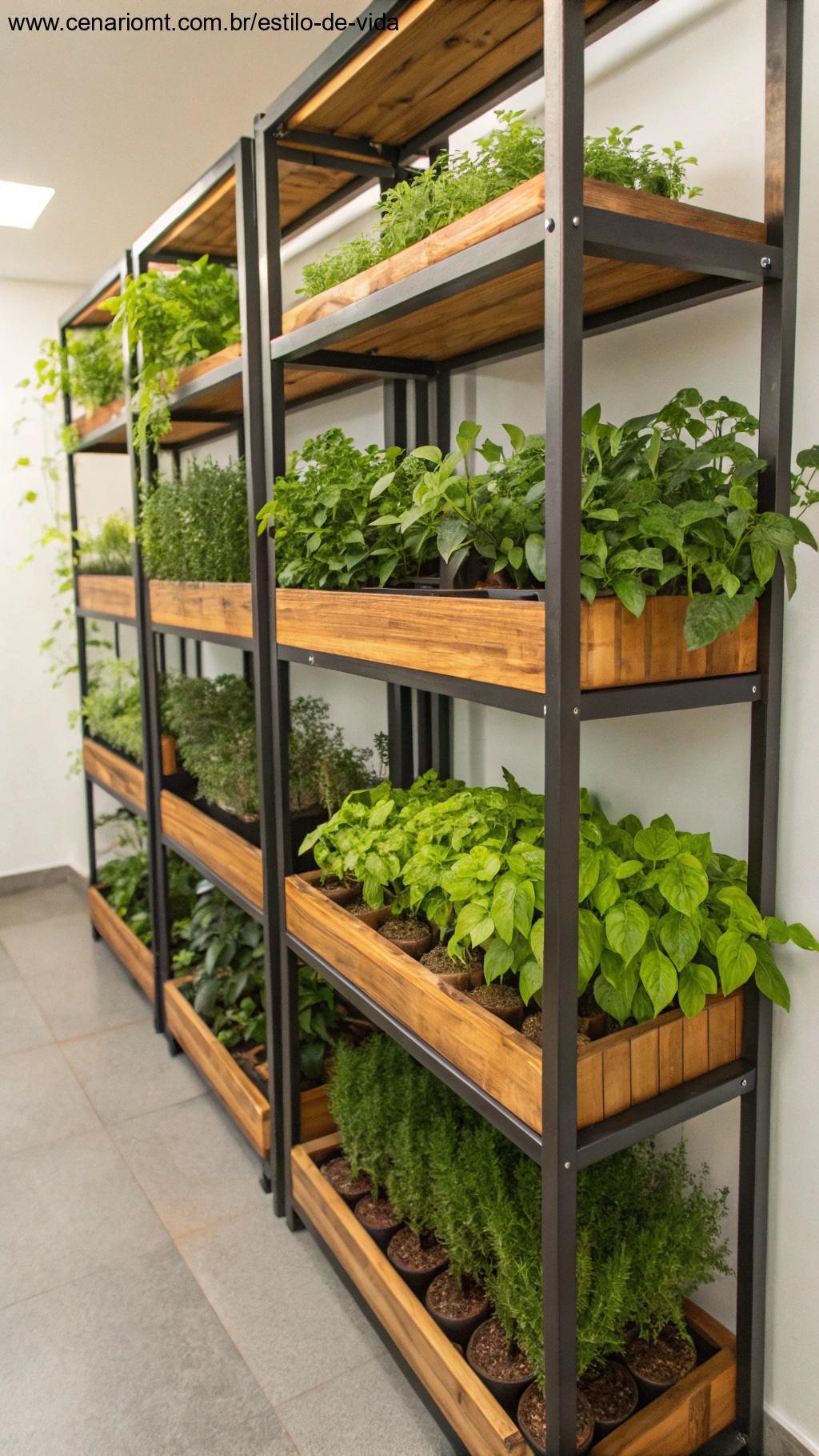 prateleiras verticais com plantas cultivadas em apartamento
