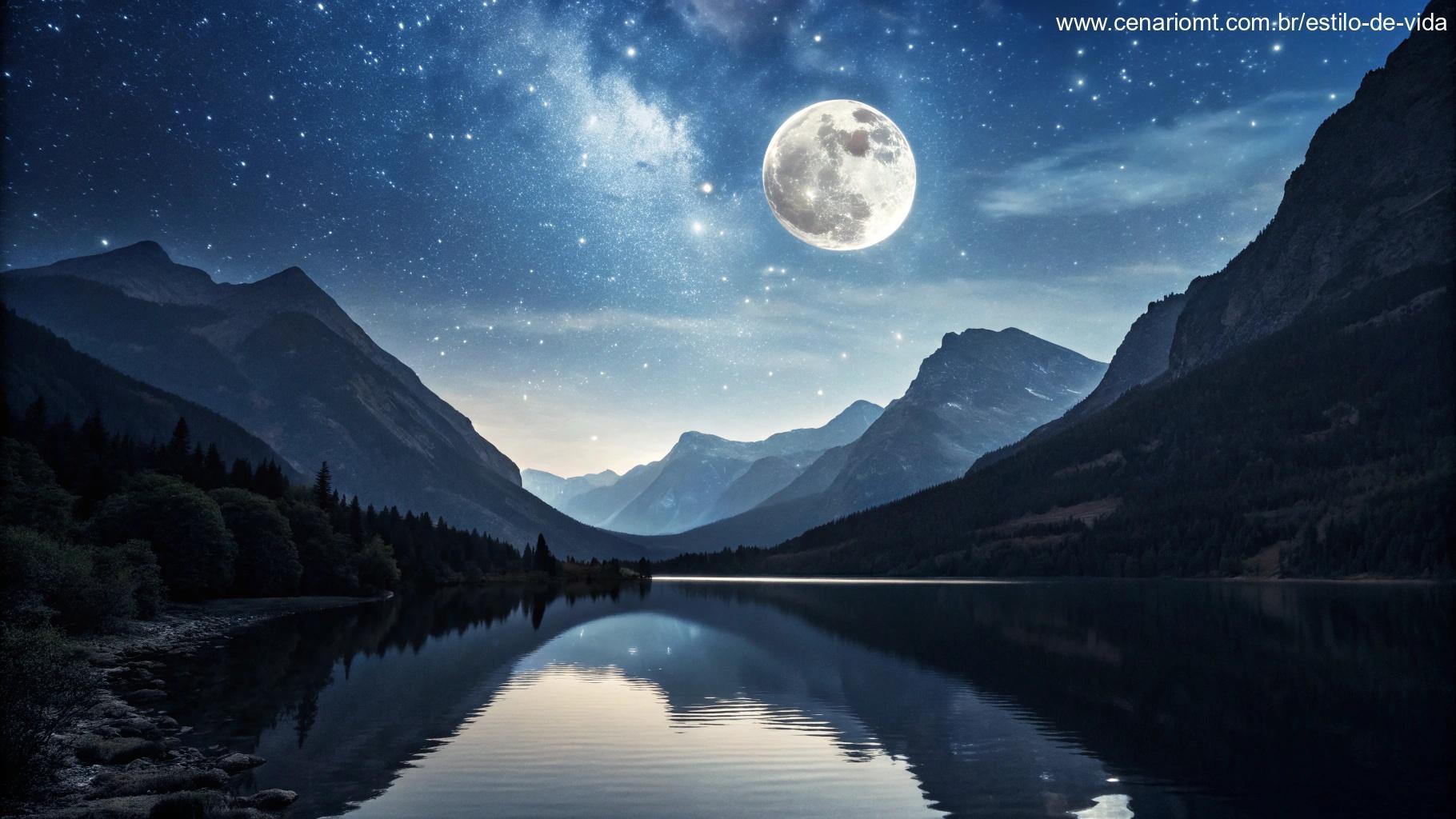 Paisagem noturna com a Lua Gibosa Minguante e reflexos no lago