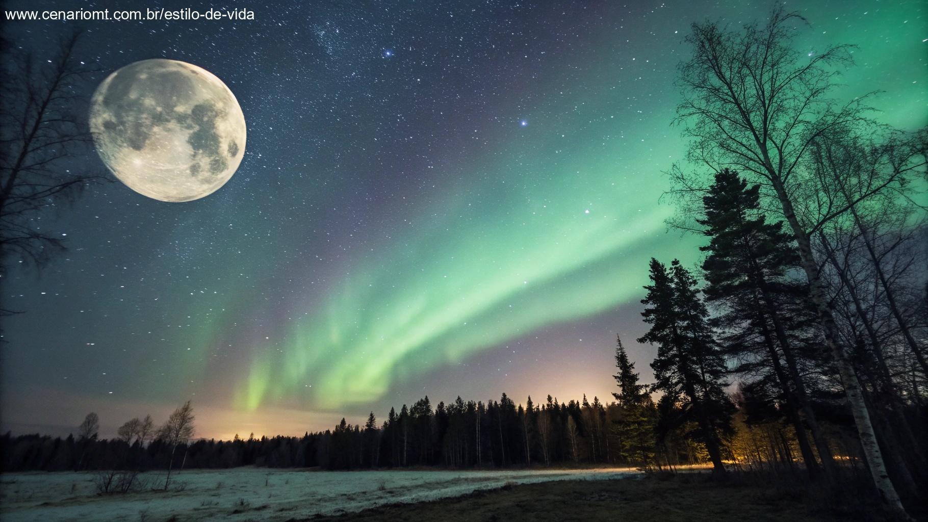 Céu estrelado com a Lua quase cheia e aurora