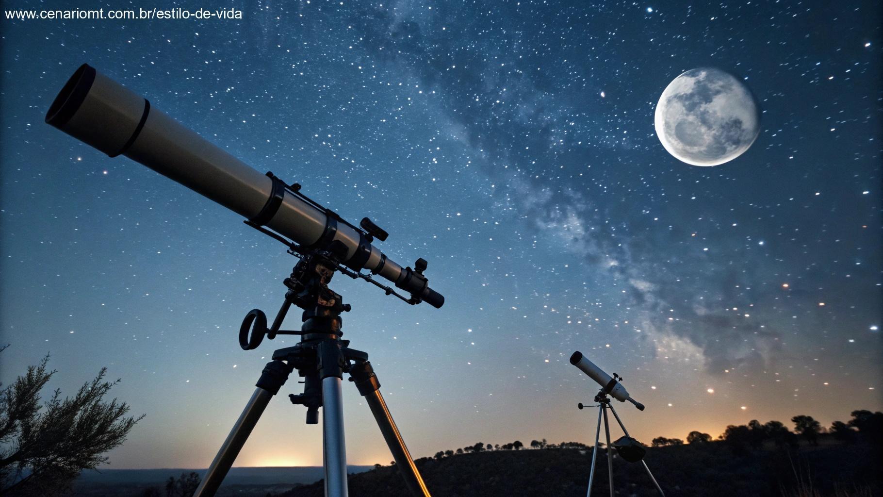 Instrumentos astronômicos voltados para a lua em uma noite estrelada