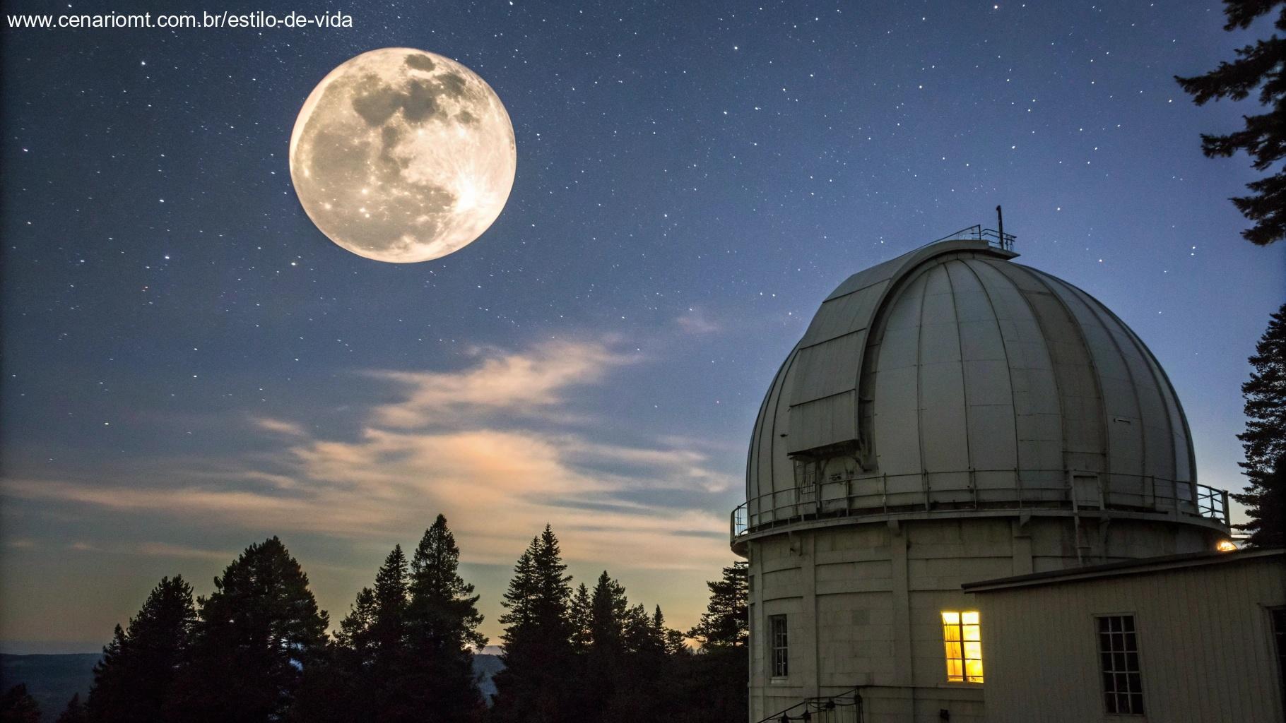 Observatório científico com a Lua ao fundo