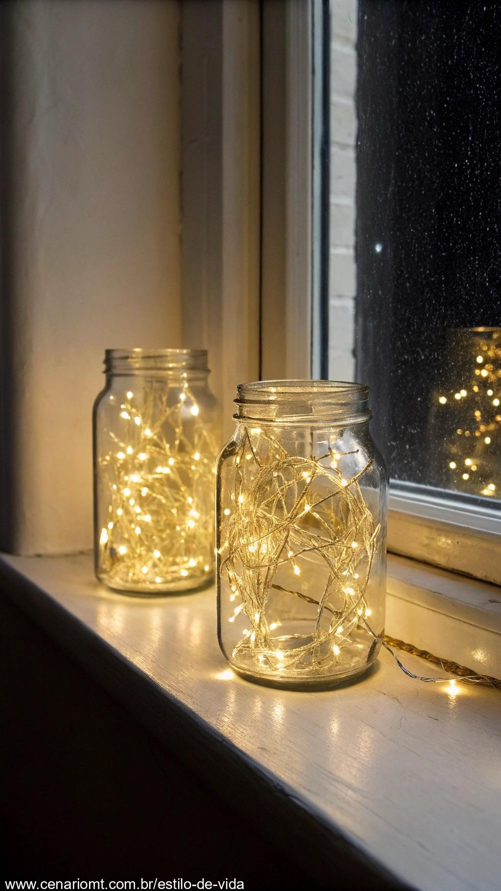 Frascos decorados com luzes de fada acesas