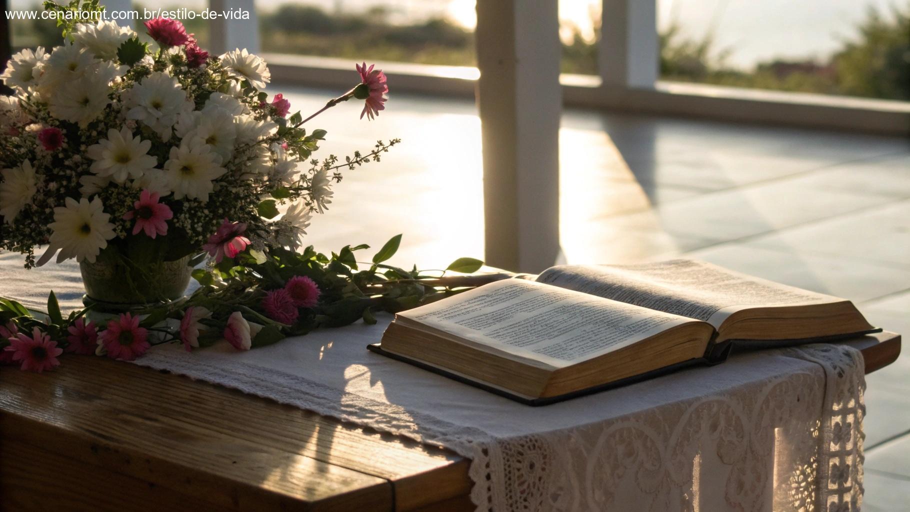 Mesa rústica com Bíblia aberta e flores ao redor pela manhã