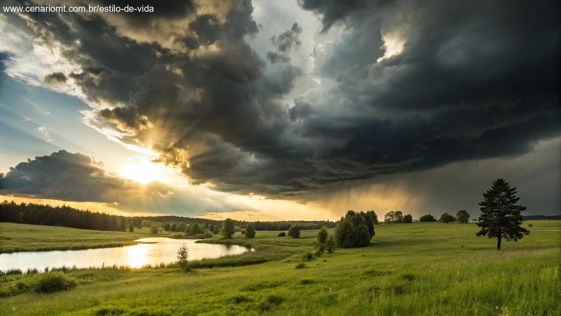 Paisagem dramática com nuvens de tempestade se abrindo para revelar luz solar sobre um campo tranquilo