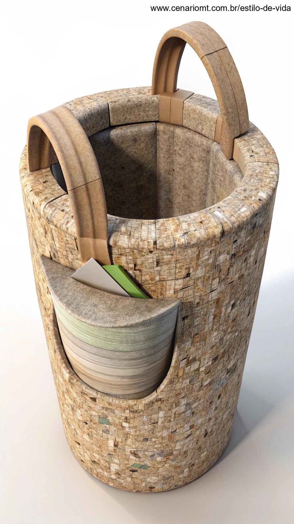 Descanso de panela feito de jornal reciclado, oferecendo praticidade e um design único.