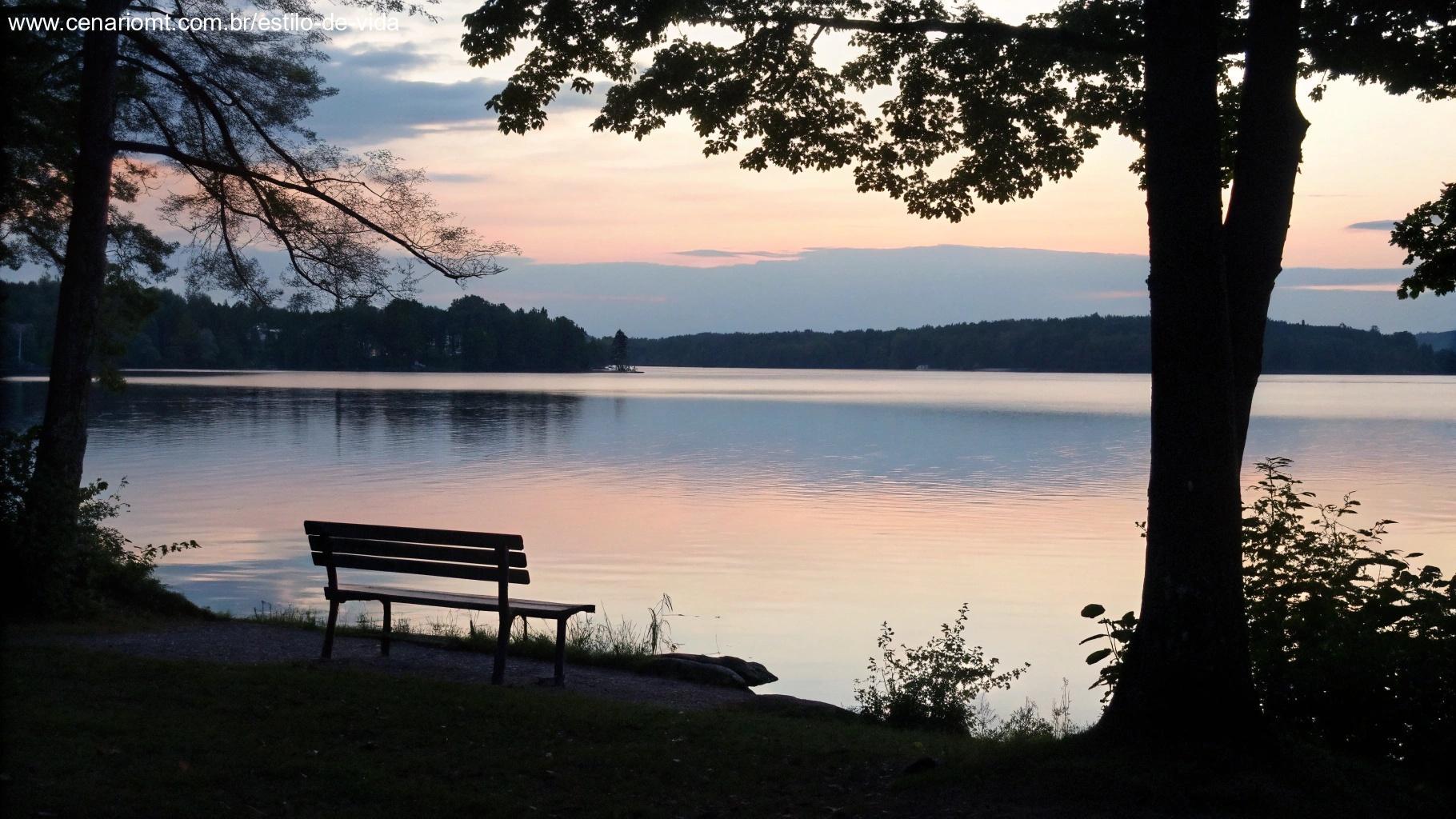 Cena tranquila de um lago ao entardecer, simbolizando descanso espiritual.