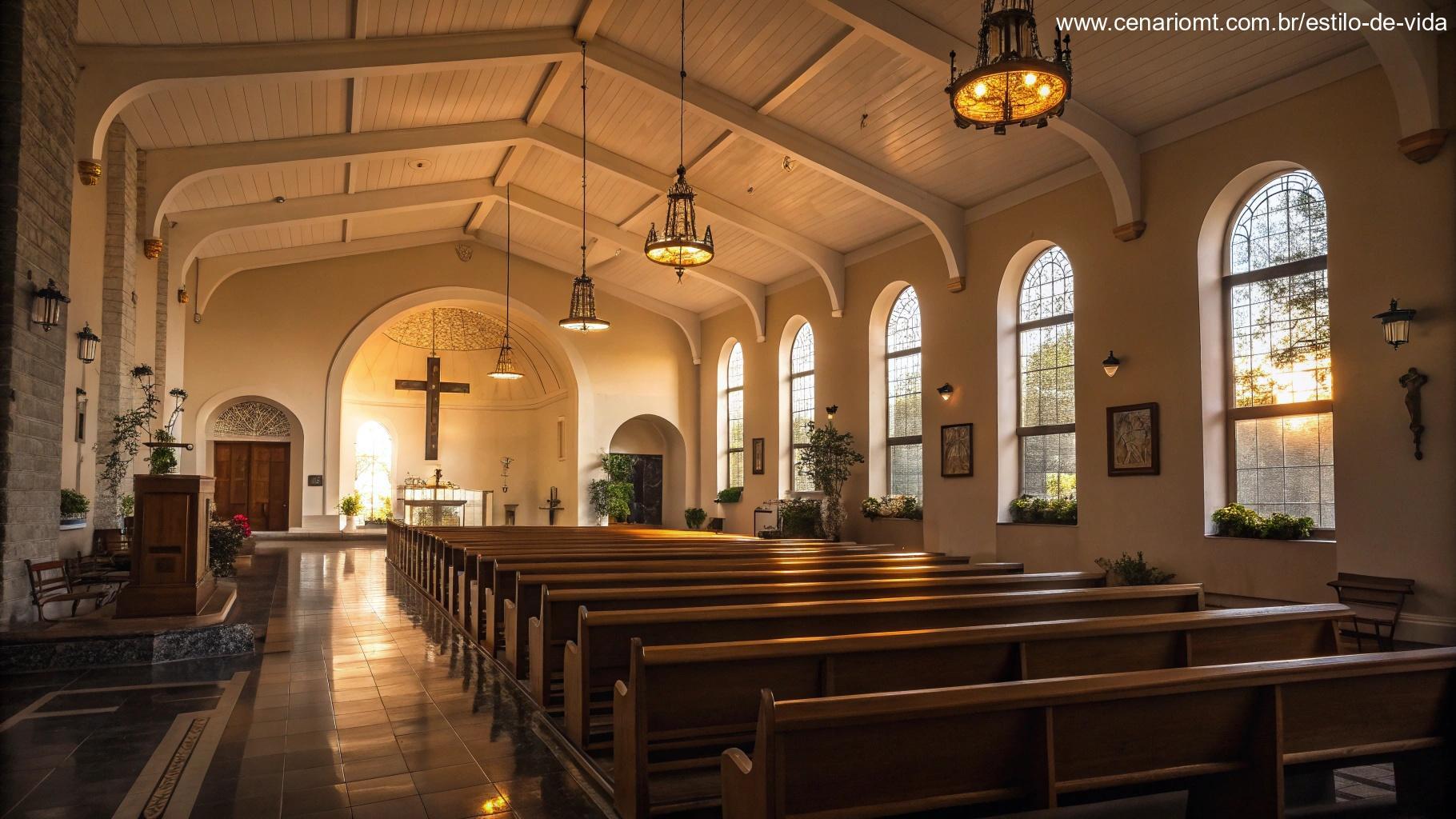 Imagem do interior de uma igreja serena com luz suave, criando um momento de reflexão.