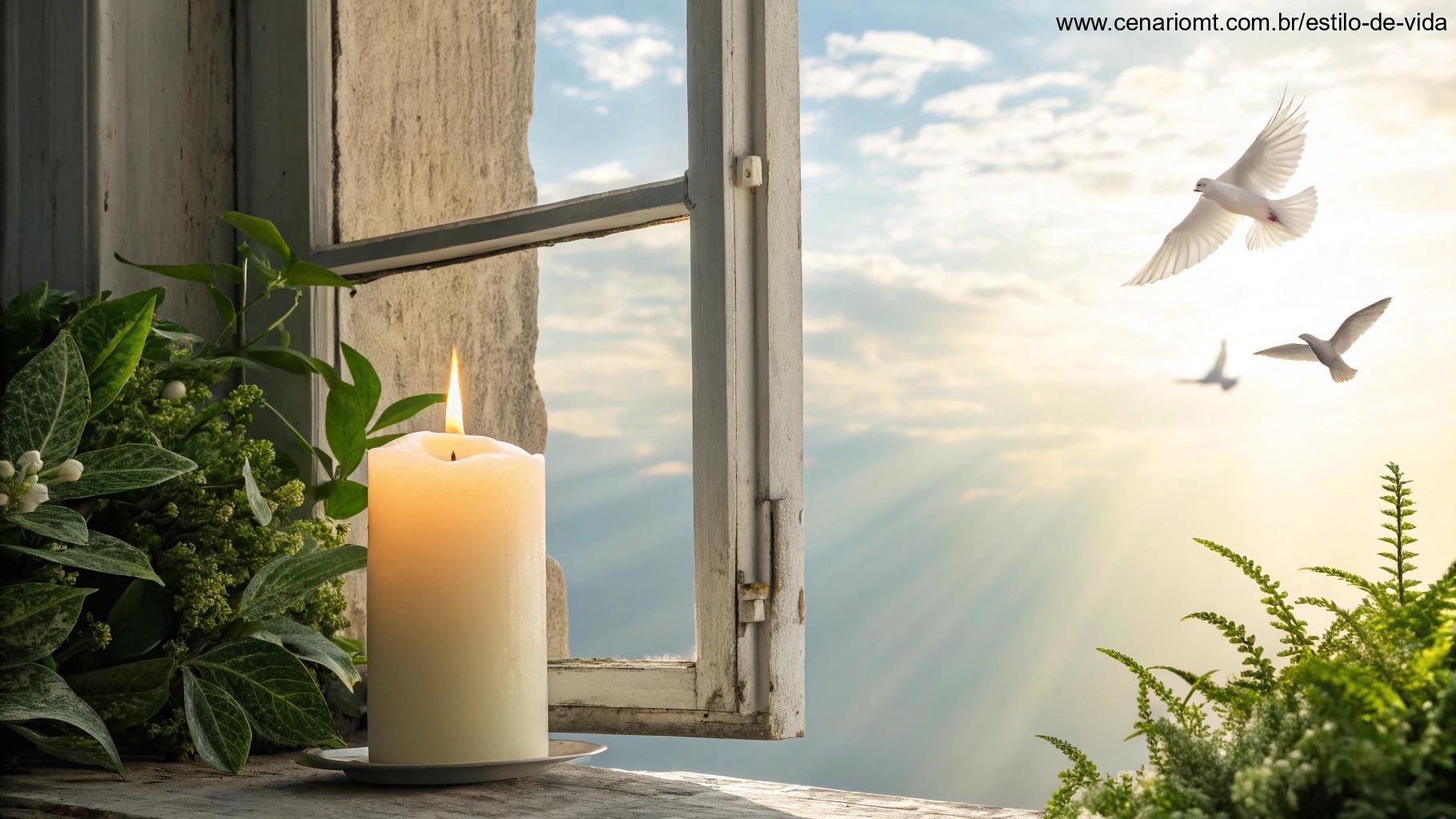 Ambiente espiritual com vela acesa, plantas e pombas no céu em um domingo de paz