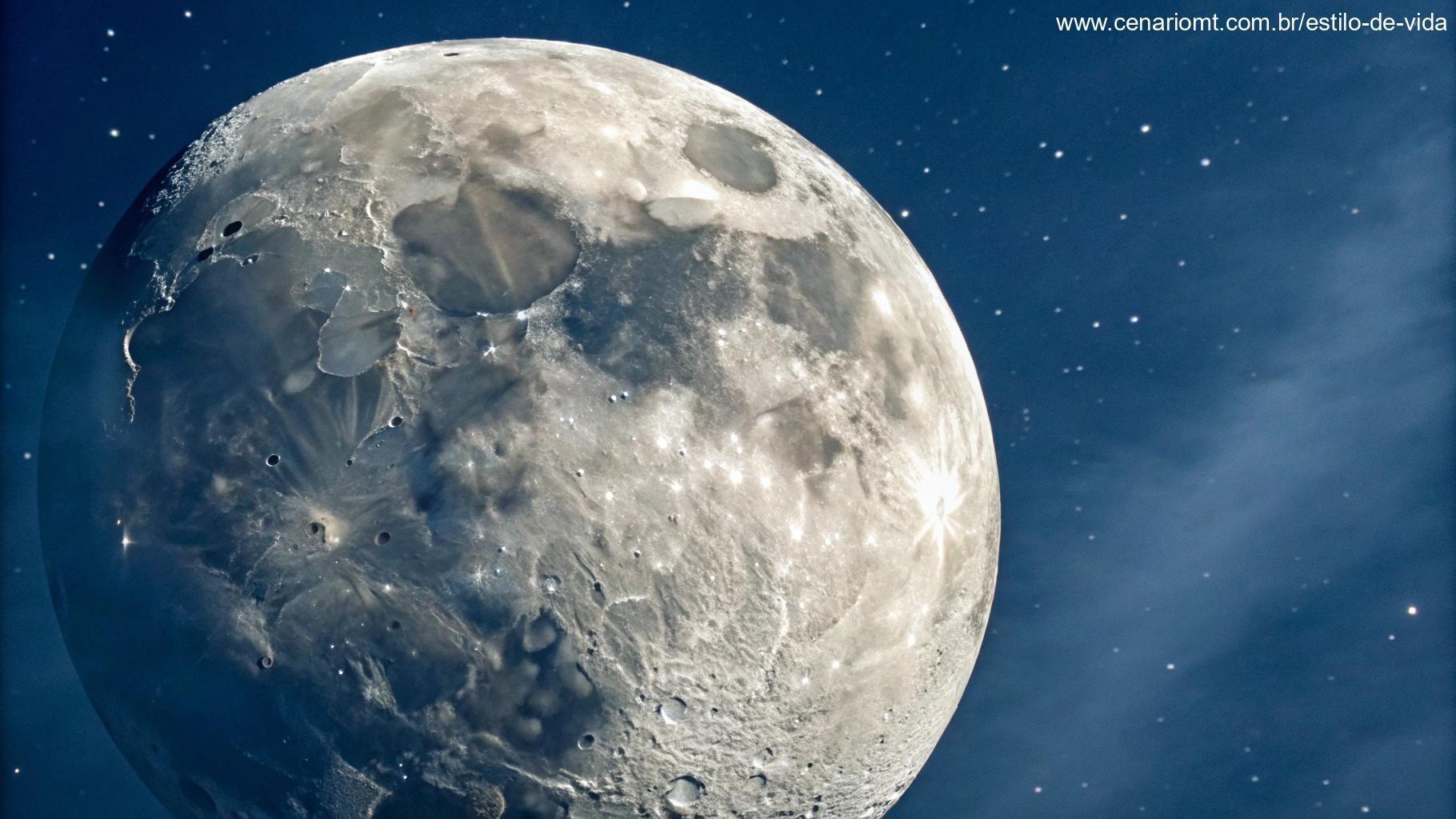 Detalhe da Lua Gibosa Minguante com crateras visíveis e céu azul profundo ao fundo