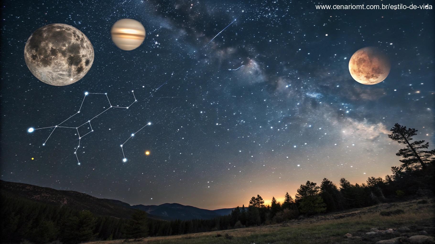 Céu desta noite com constelações, lua e planetas visíveis em destaque
