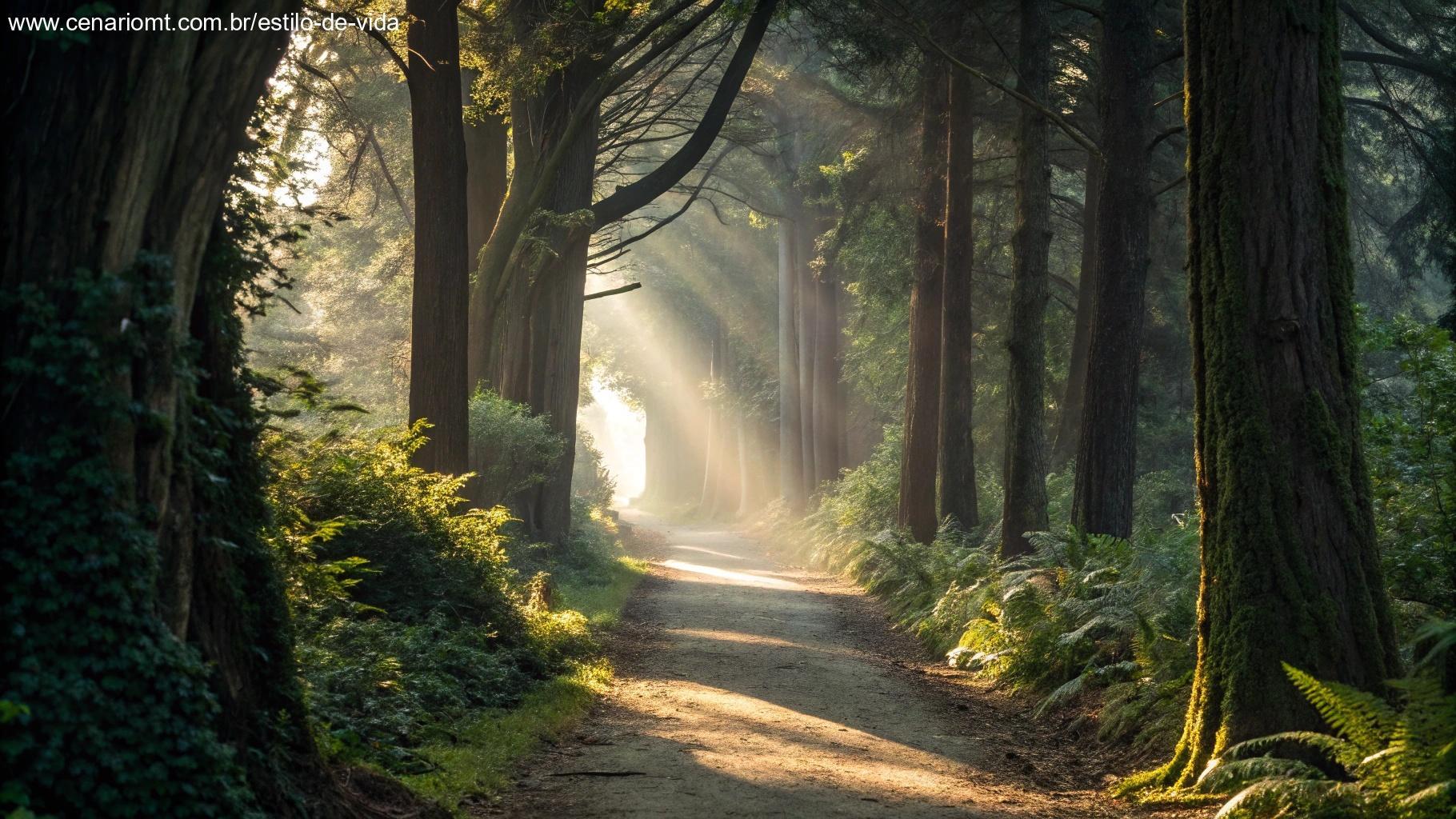 Trilha em floresta iluminada simbolizando devoção que inspira novos caminhos