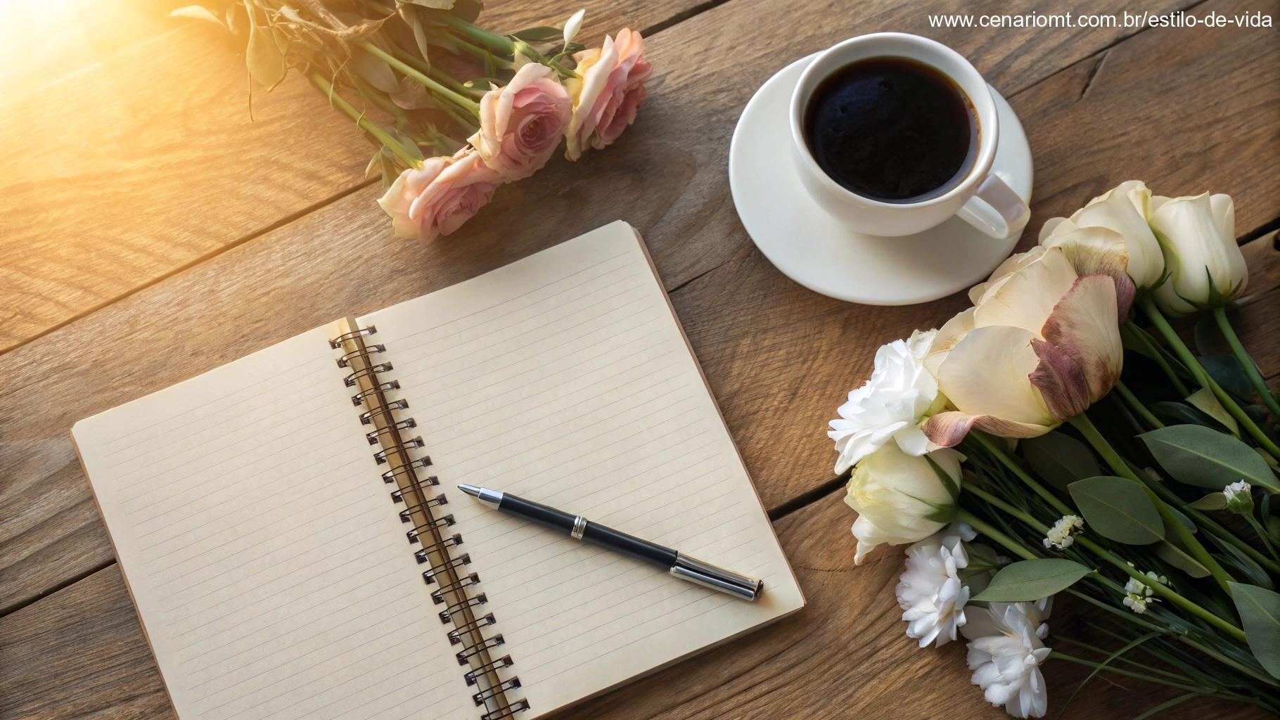 Cenário aconchegante com caderno, flores e café