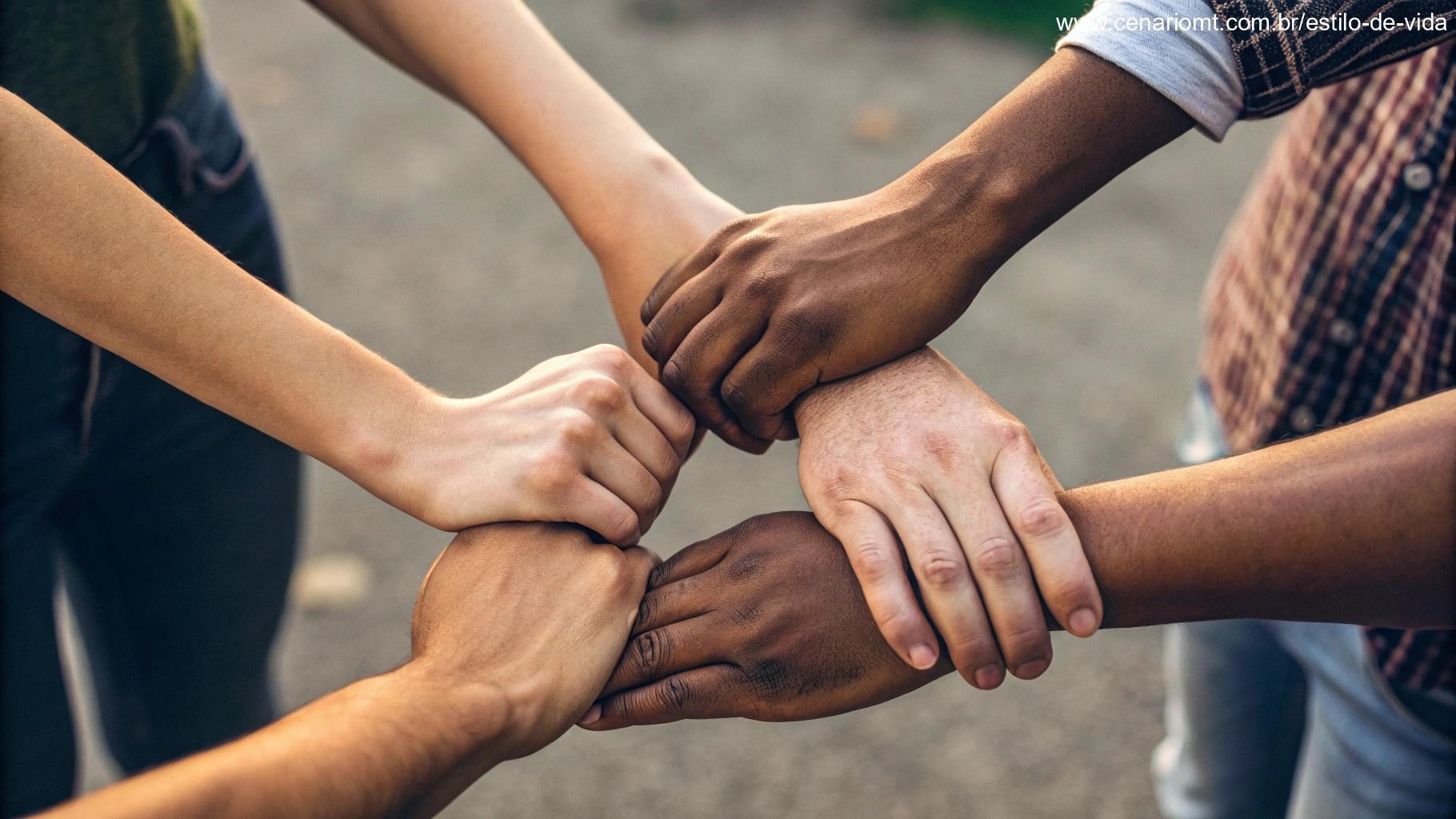 Um círculo de mãos unidas, representando a força e a espiritualidade que vêm da união.
