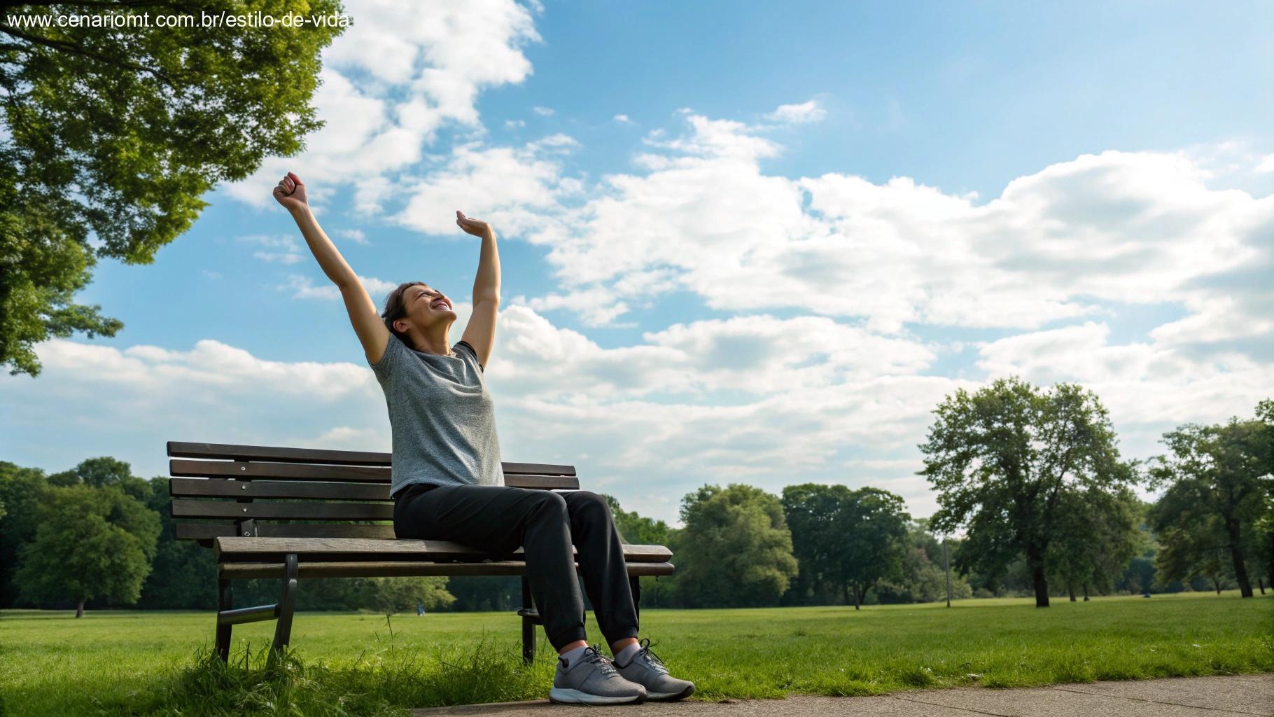 Pessoa sentada em um banco de parque, alongando os braços para cima com um sorriso, sob um céu azul com nuvens dispersas